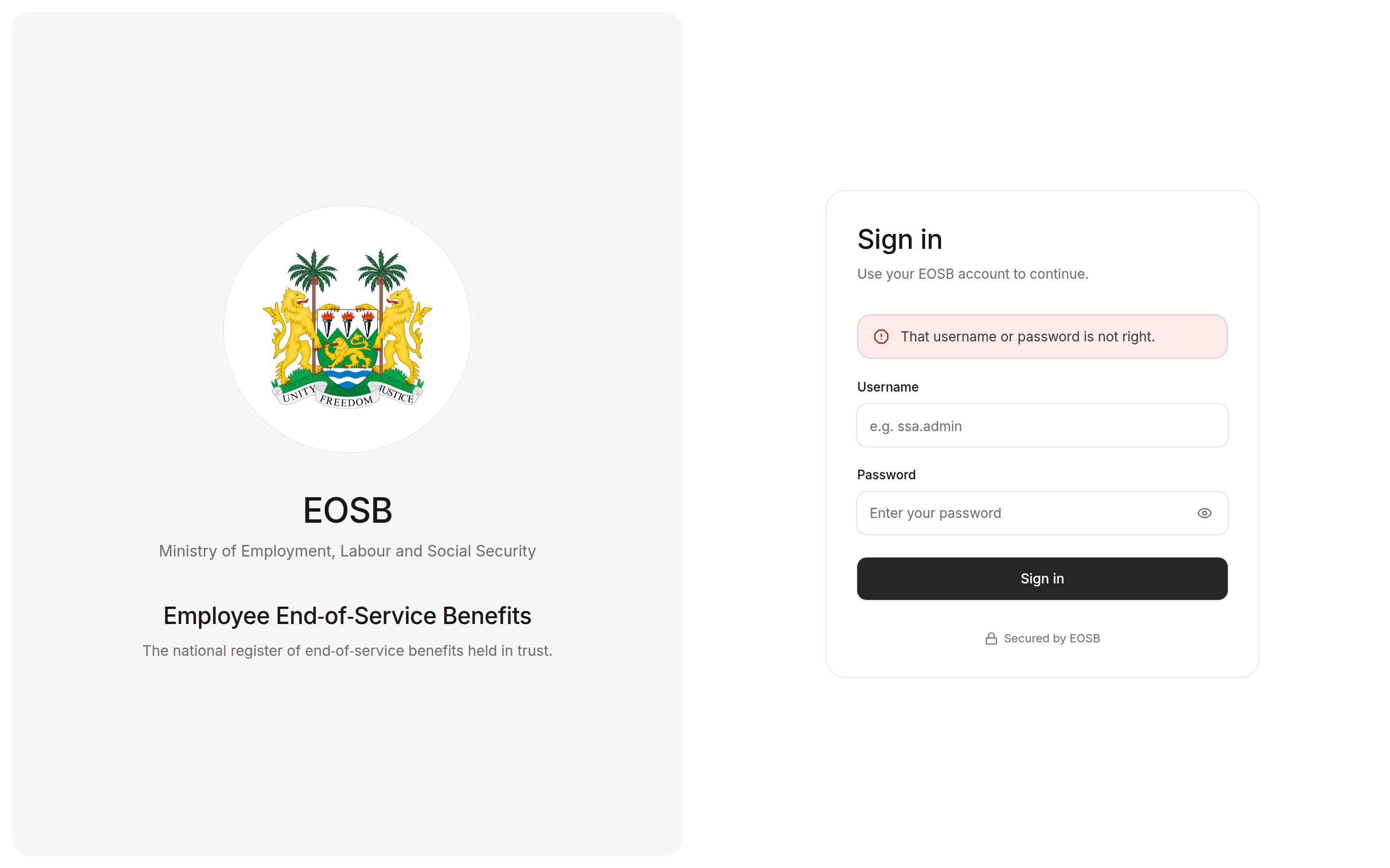 Sign-in page showing the error That username or password is not right.