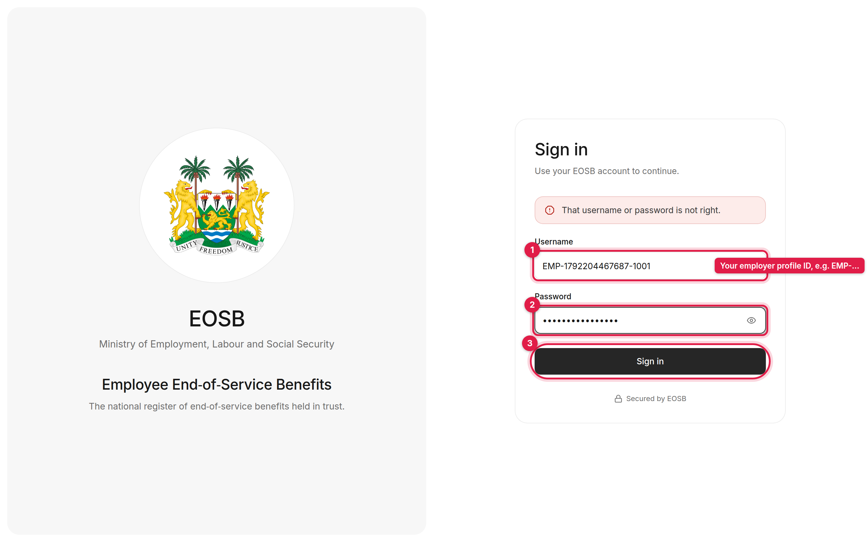 Sign-in page with Username, Password and Sign in marked 1 to 3