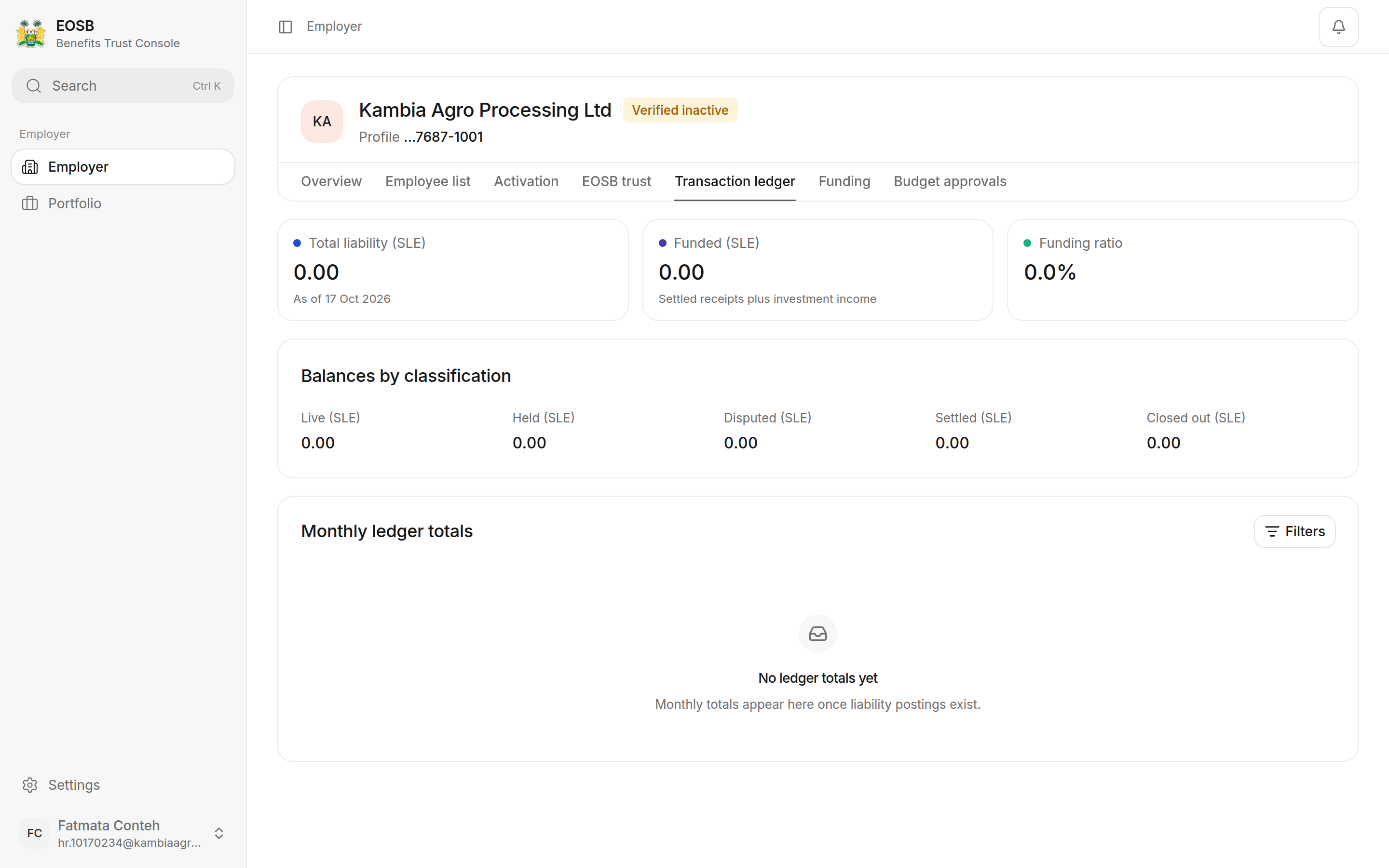 Transaction ledger with zero balances
