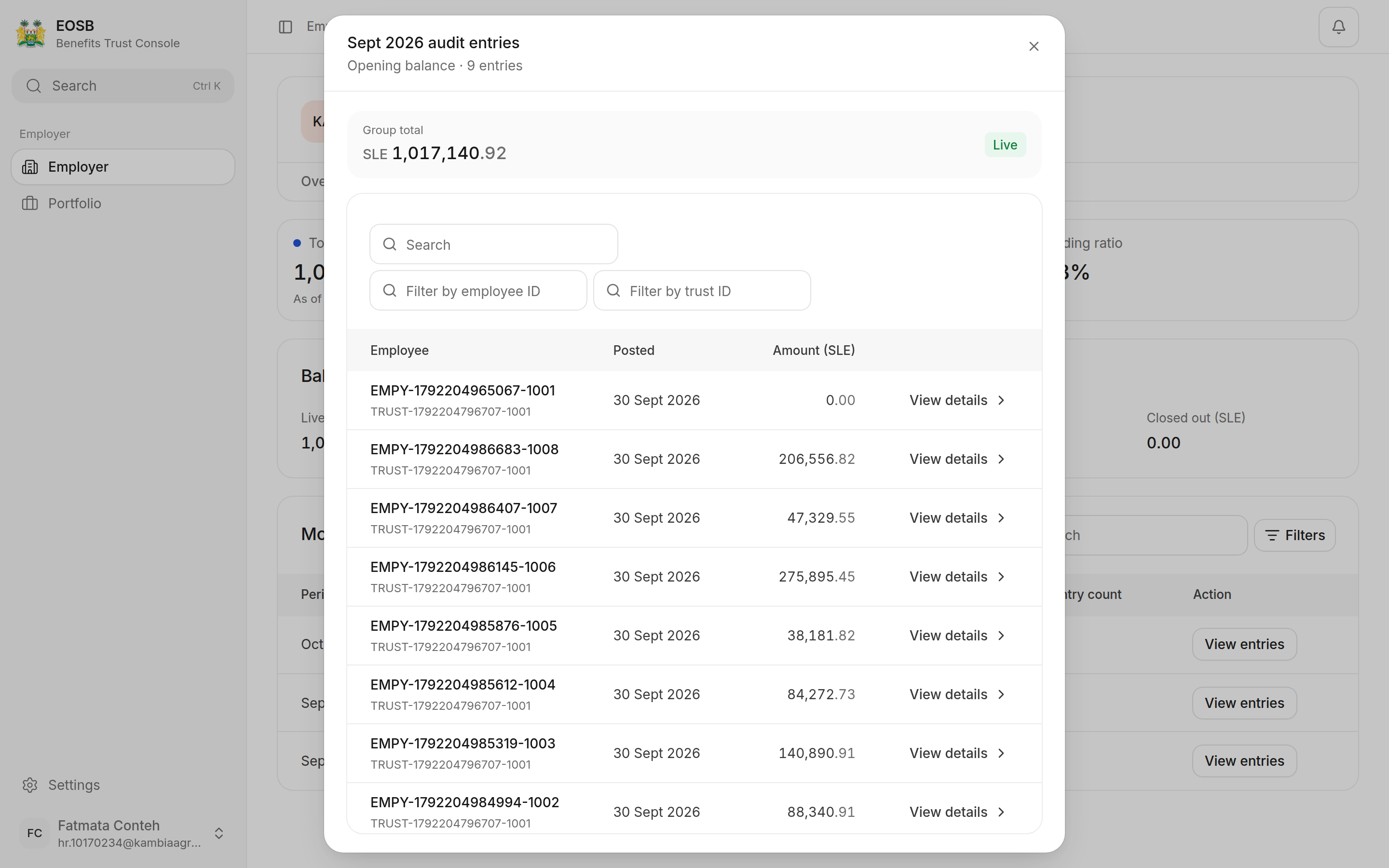 Sept 2026 audit entries: opening balance group total SLE 1,017,140.92 with one row per employee