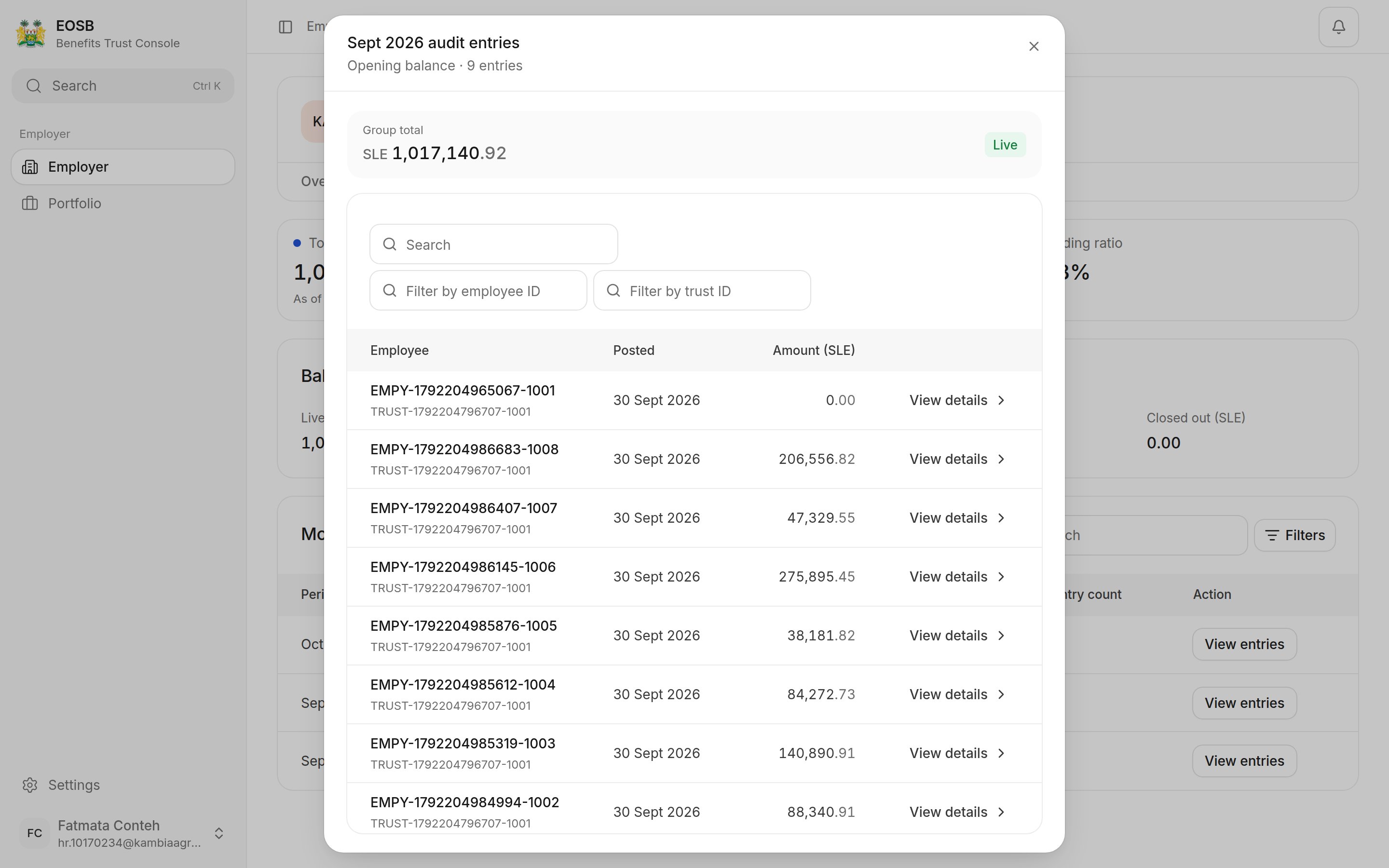 Sept 2026 audit entries: opening balance group total SLE 1,017,140.92 with one row per employee