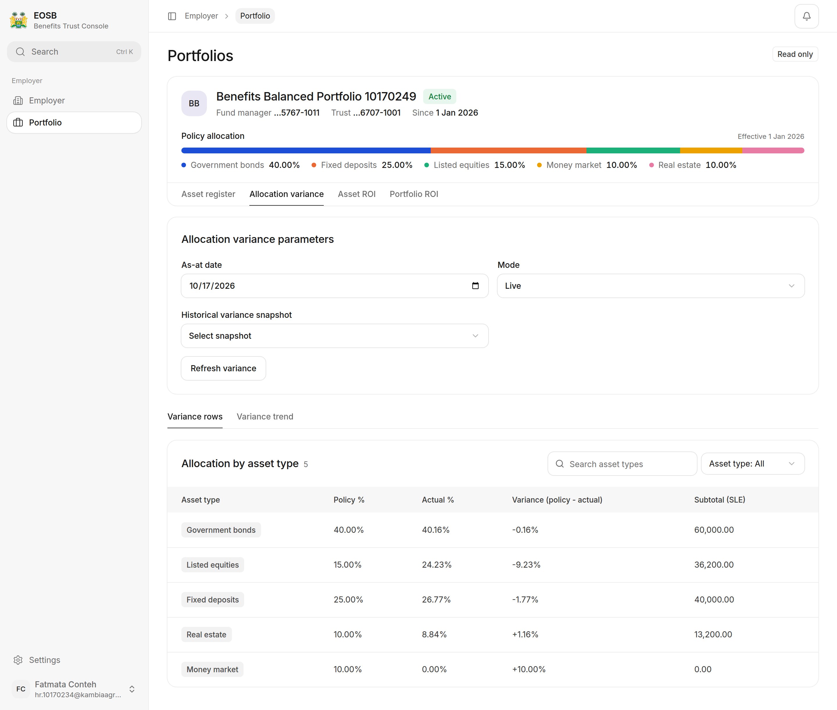 Allocation variance table comparing policy and actual percentages by asset type
