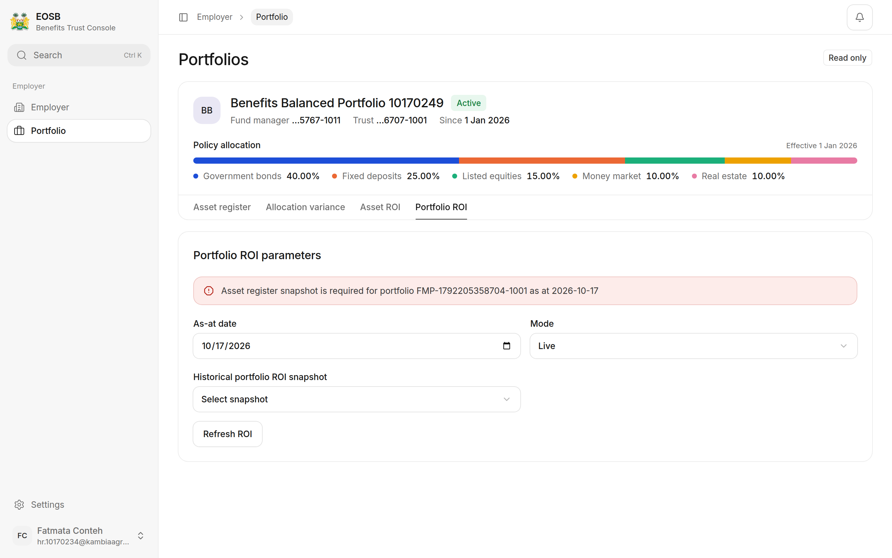 Portfolio ROI as at the last month-end