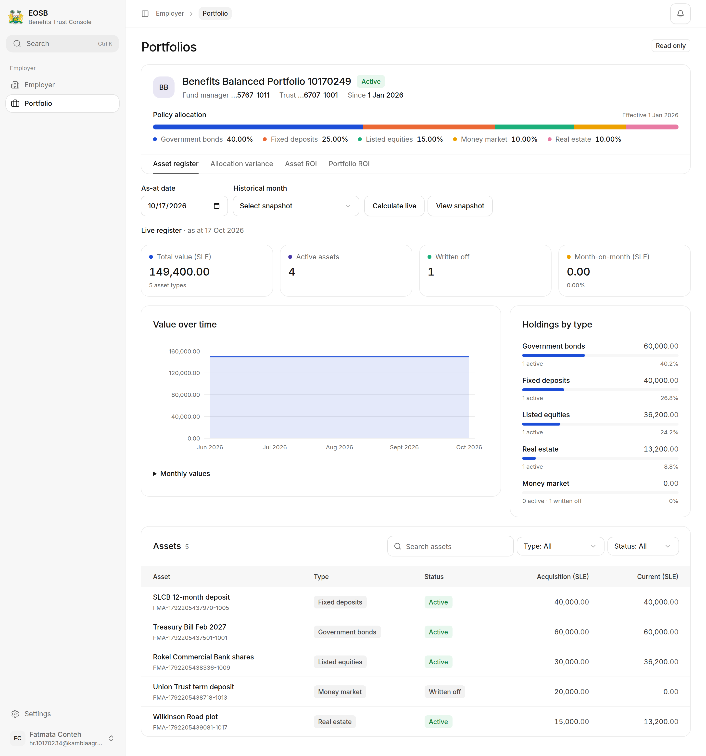 Portfolio with policy allocation bar, live register figures, value over time chart, holdings by type and an assets table