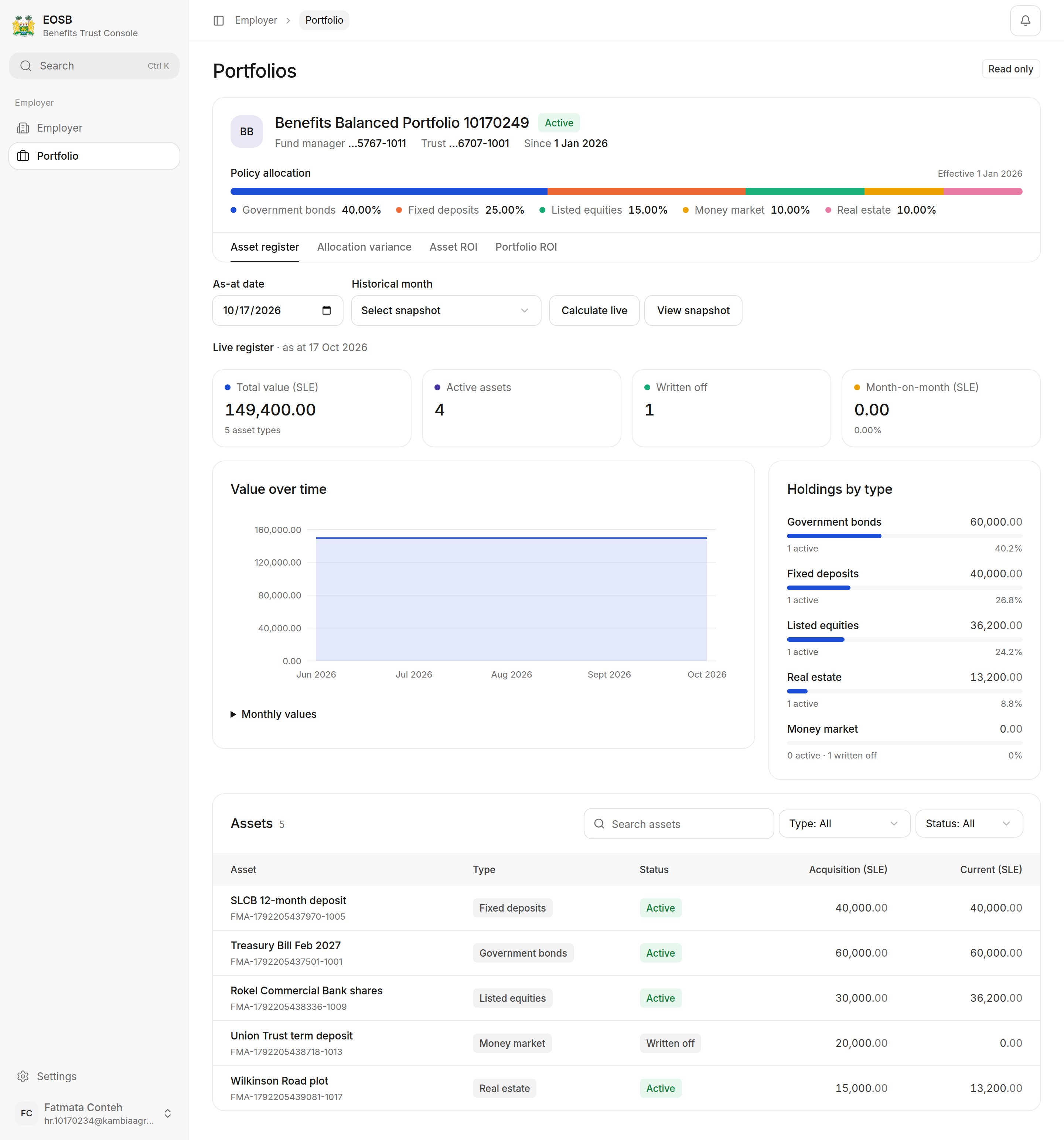 Portfolio with policy allocation bar, live register figures, value over time chart, holdings by type and an assets table