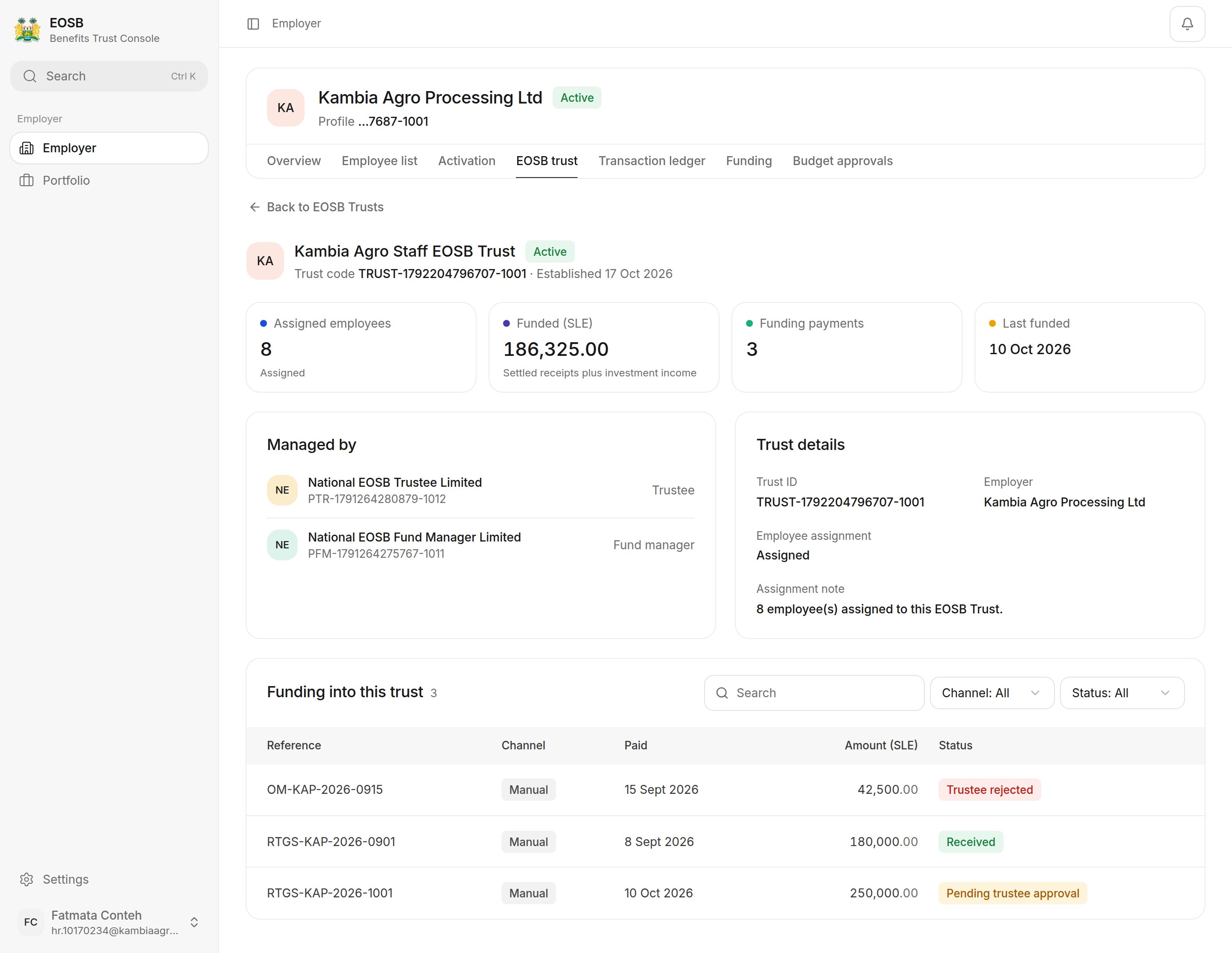 Trust detail with assigned employees, funded amount, funding payments, last funded date, the trustee and fund manager, trust details and the funding table