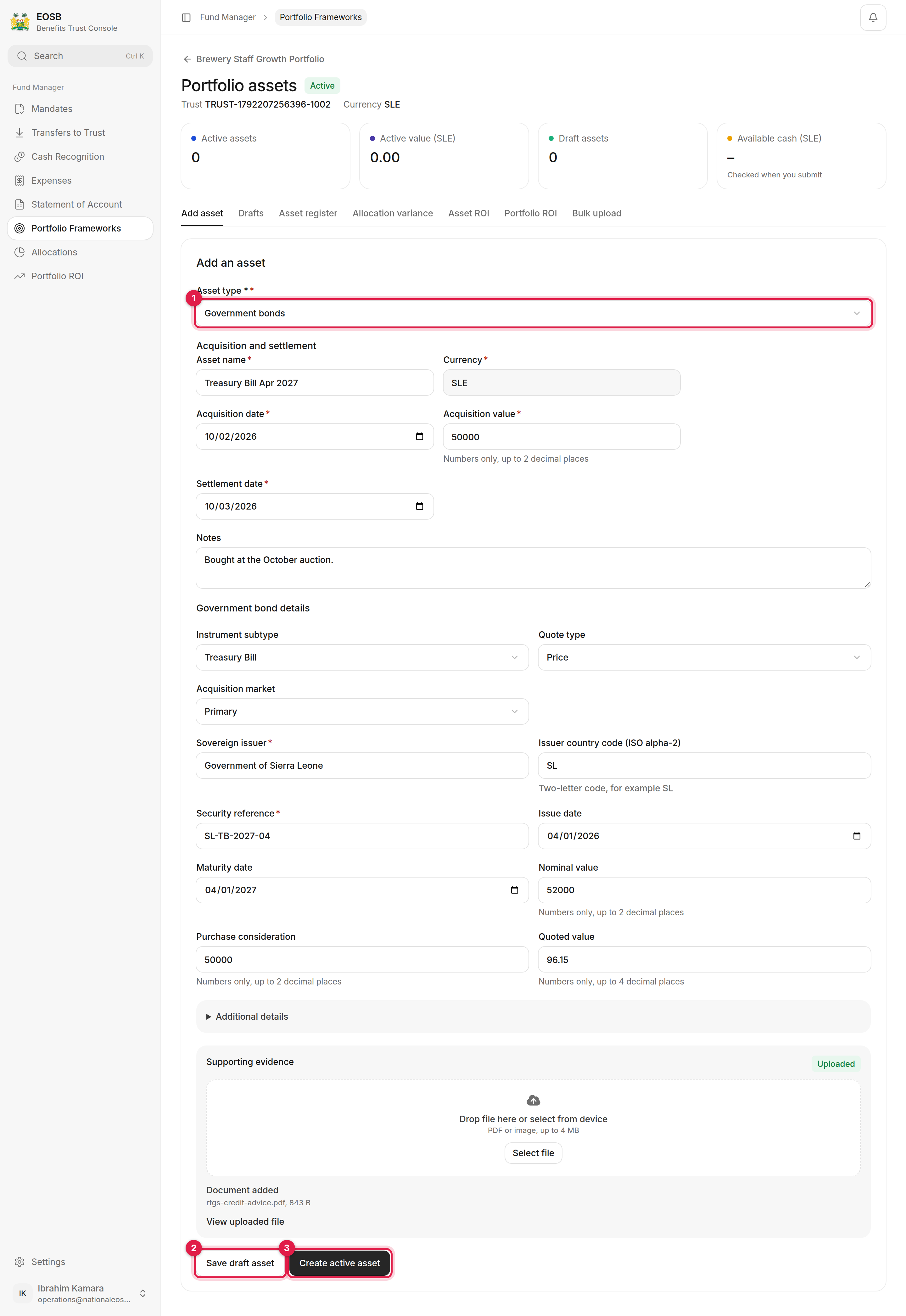 Add an asset form for a government bond with Asset type, Save draft asset and Create active asset marked 1 to 3