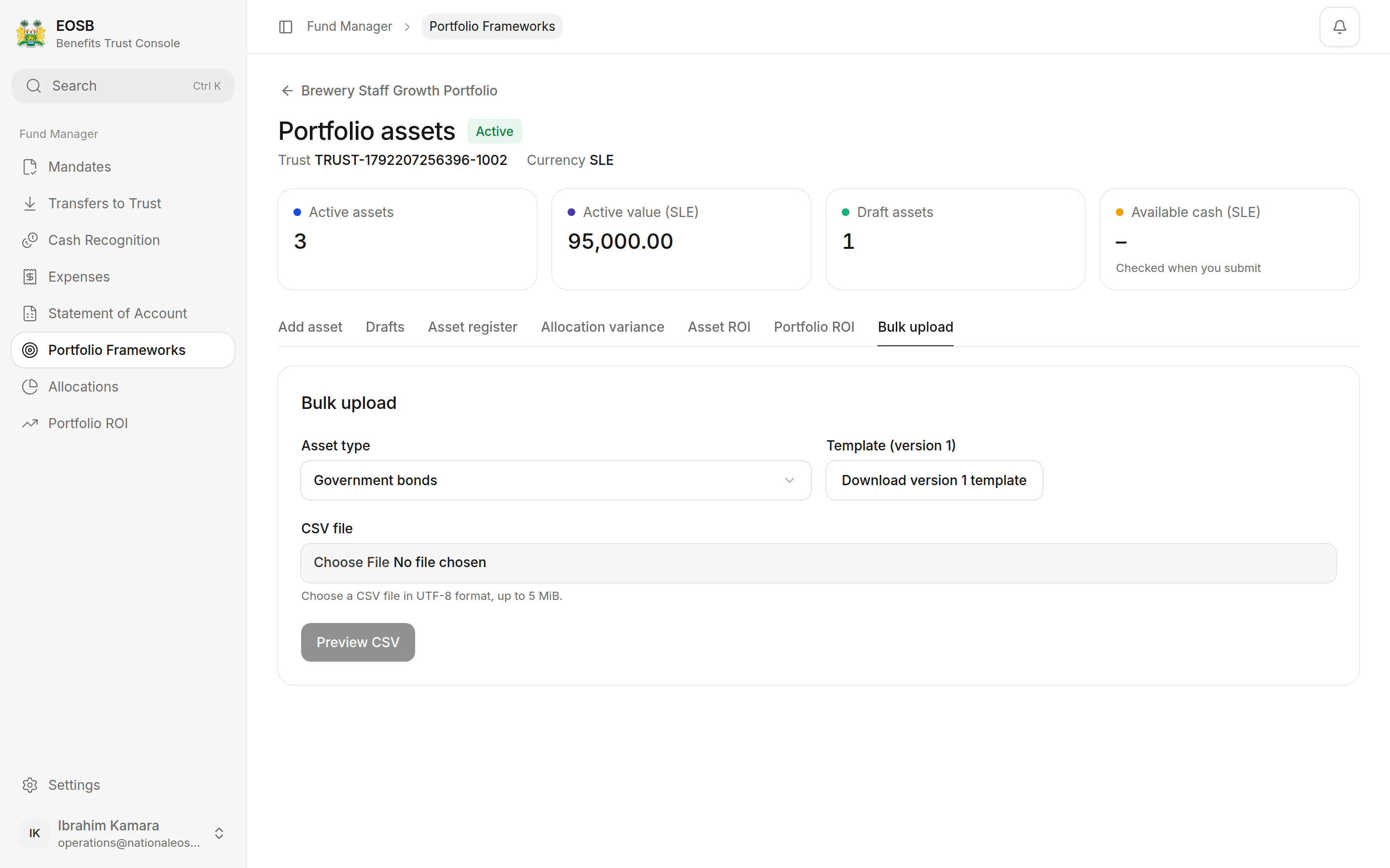 Bulk upload tab with a template per asset type