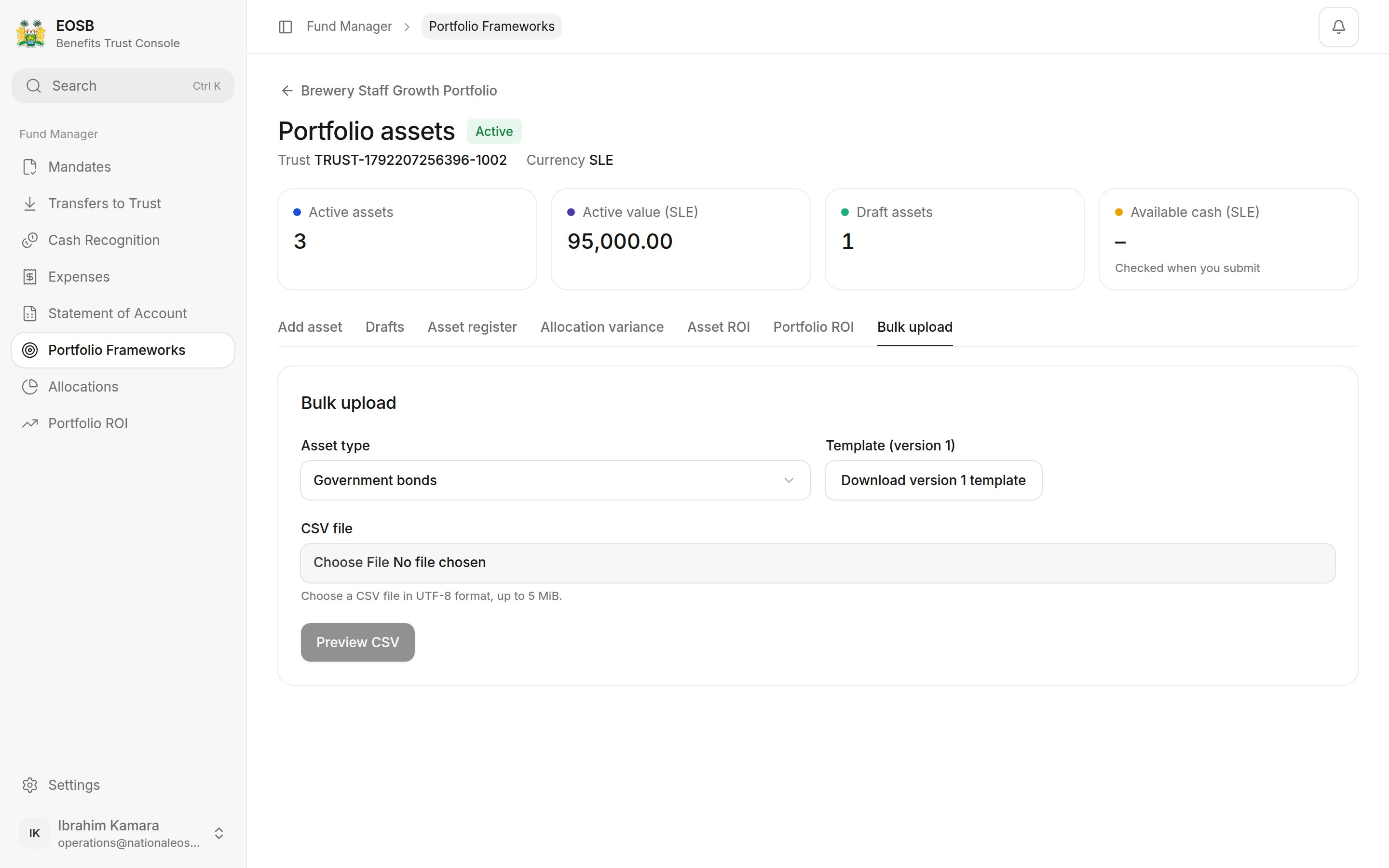 Bulk upload tab with a template per asset type