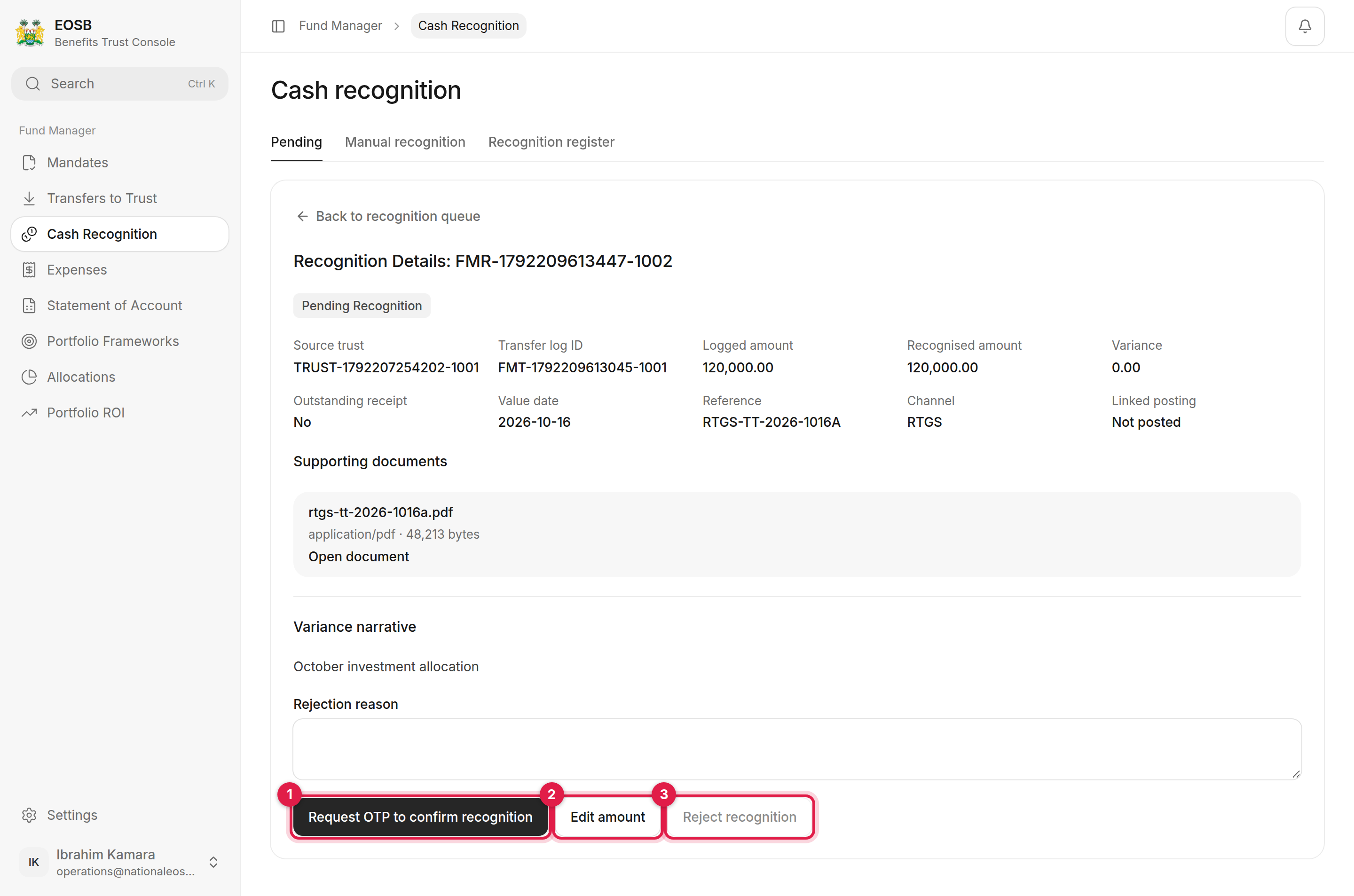 Recognition details: logged amount 120,000, reference, supporting documents, with Request OTP to confirm recognition, Edit amount and Reject recognition marked 1 to 3