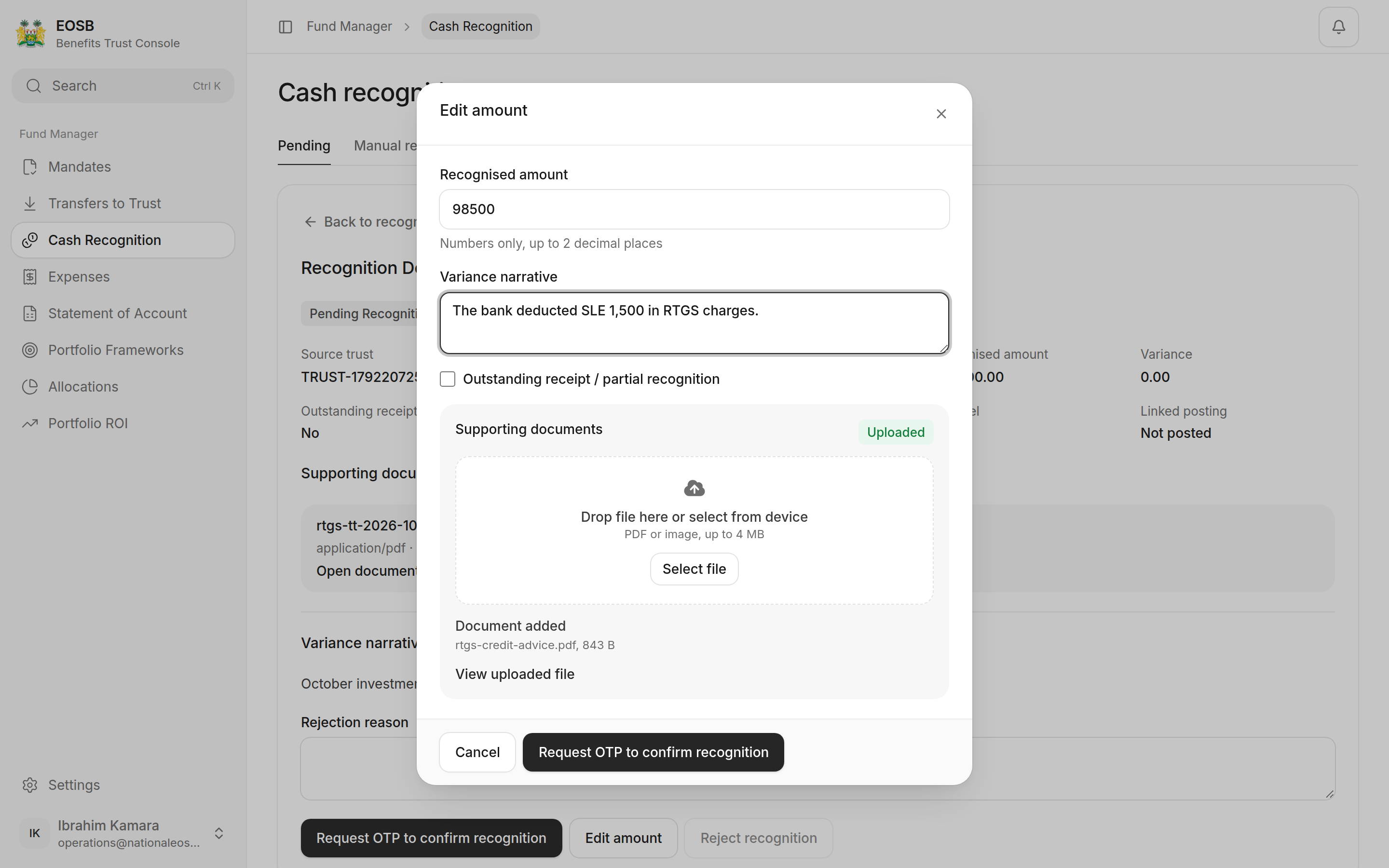 Edit amount window: recognised amount 98,500, variance narrative, the outstanding receipt checkbox and an uploaded document