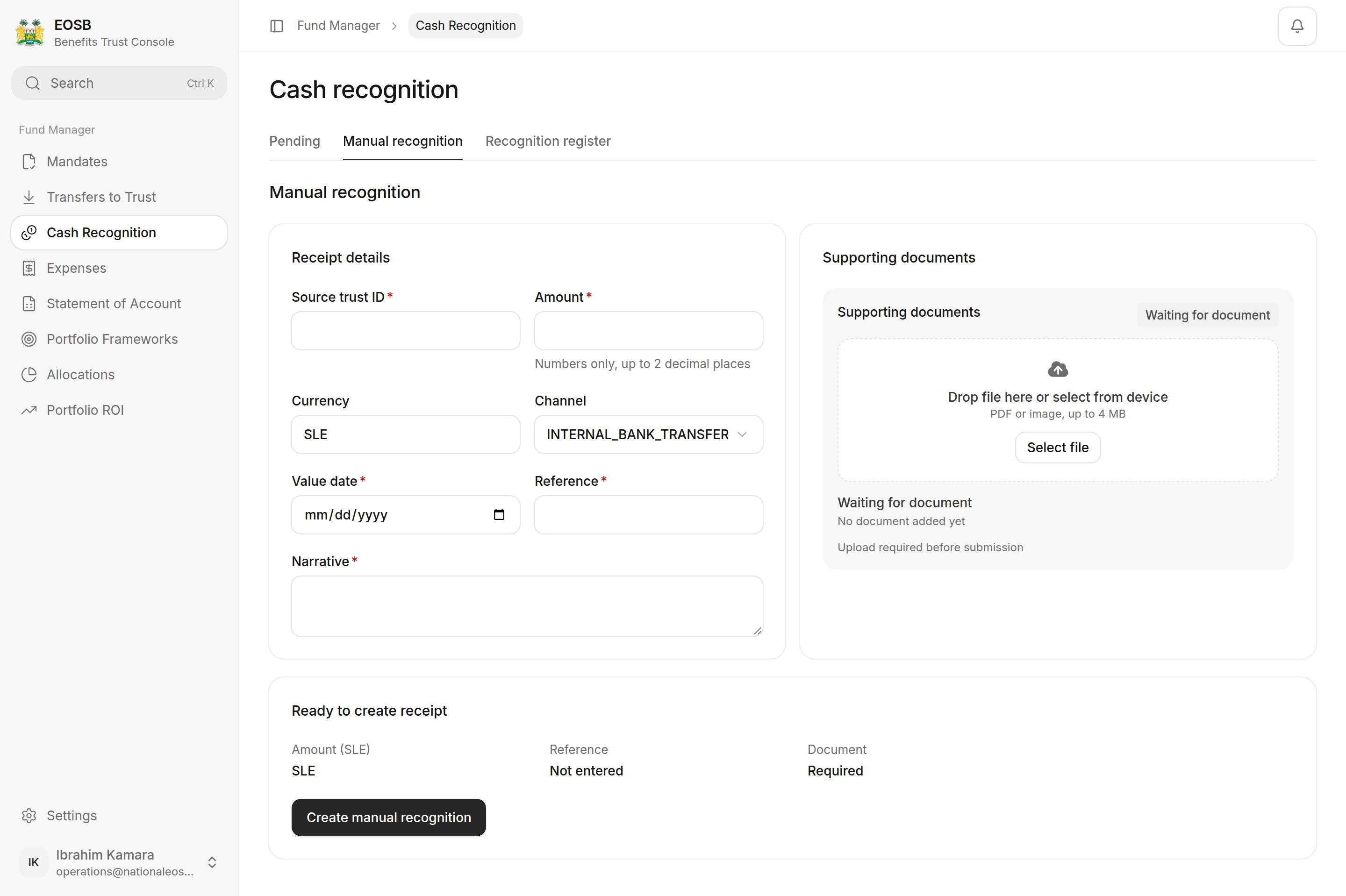 Manual recognition form with receipt details and supporting documents