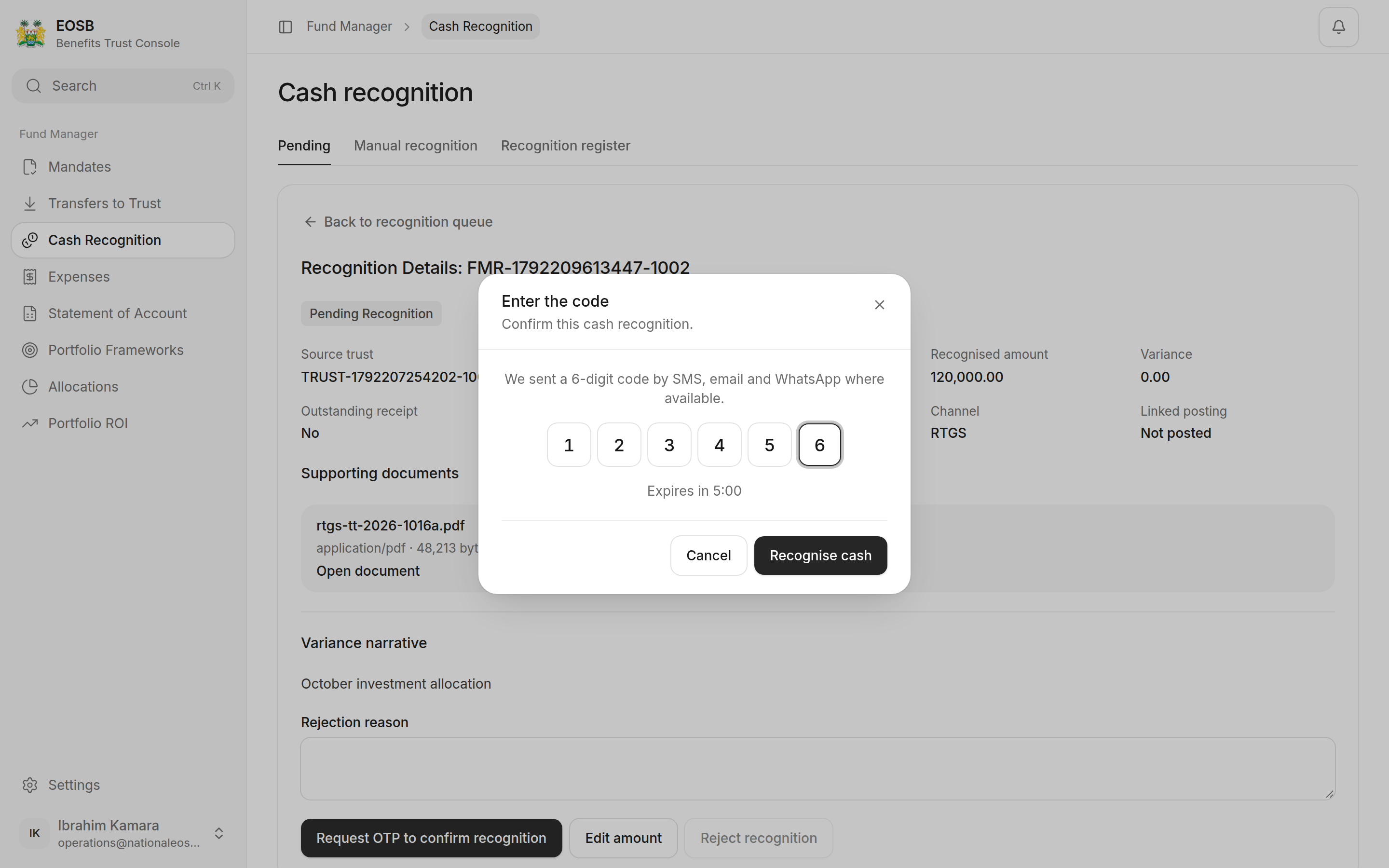 Enter the code window with Recognise cash