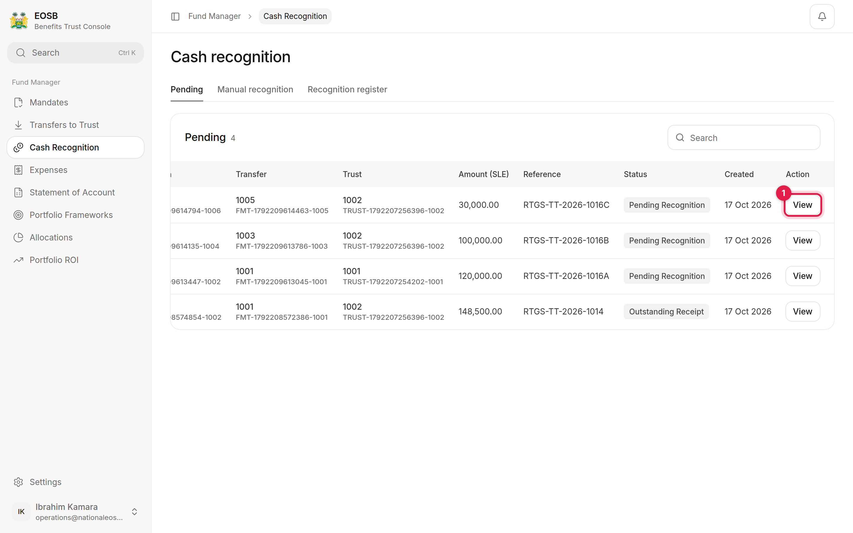 Pending recognitions with transfer, trust, amount, reference, status and View marked 1