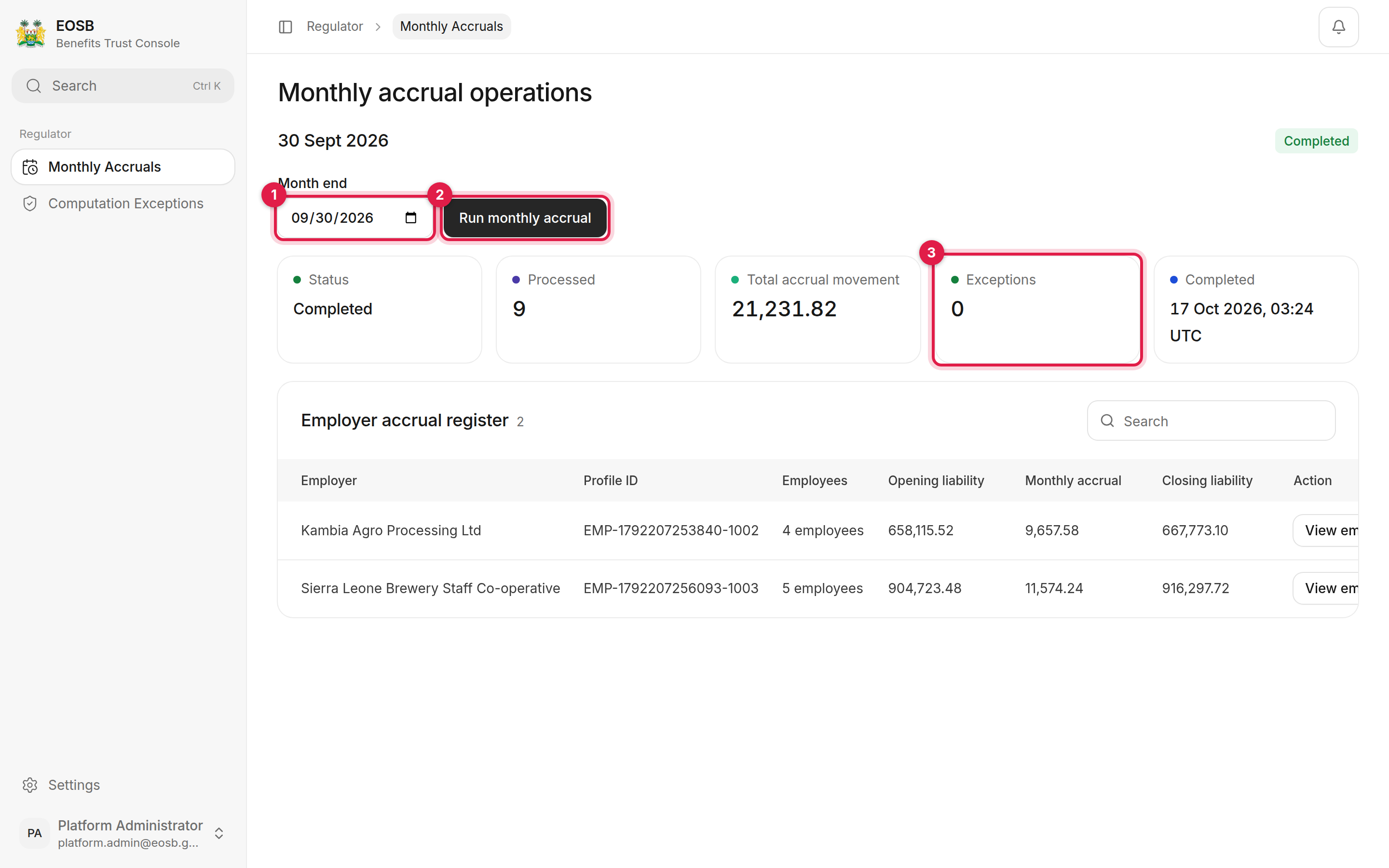 Monthly accrual operations for 30 Sept 2026 with Month end, Run monthly accrual and Exceptions marked 1 to 3