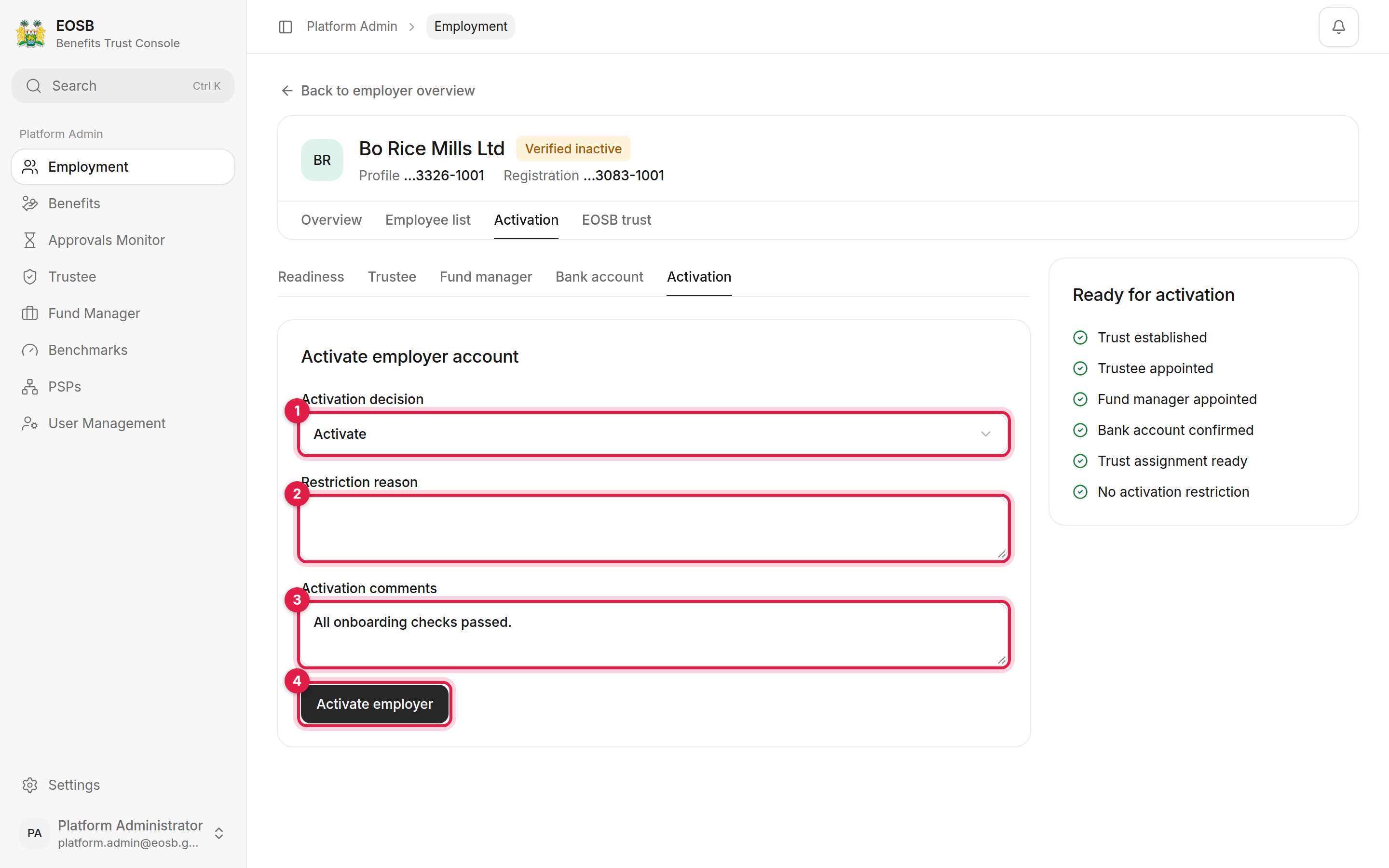 Activate employer account with Activation decision, Restriction reason, Activation comments and Activate employer marked 1 to 4