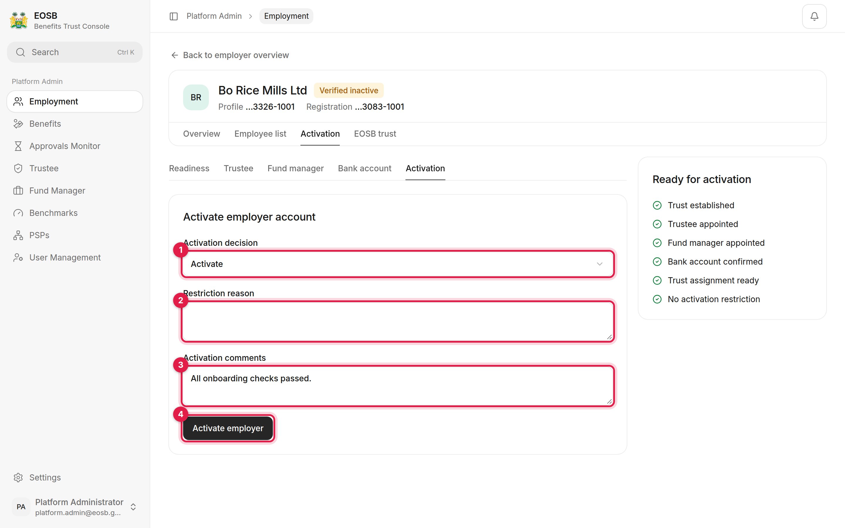 Activate employer account with Activation decision, Restriction reason, Activation comments and Activate employer marked 1 to 4
