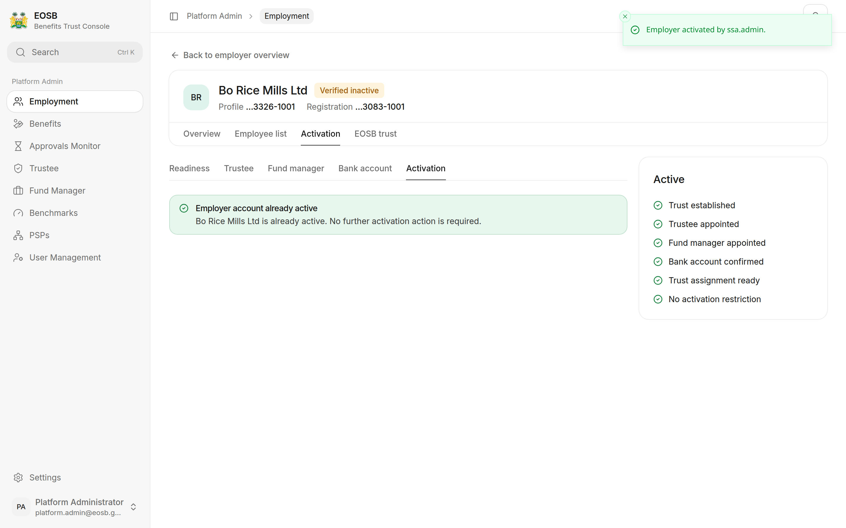 Employer account already active, with every readiness check ticked and the message Employer activated by ssa.admin