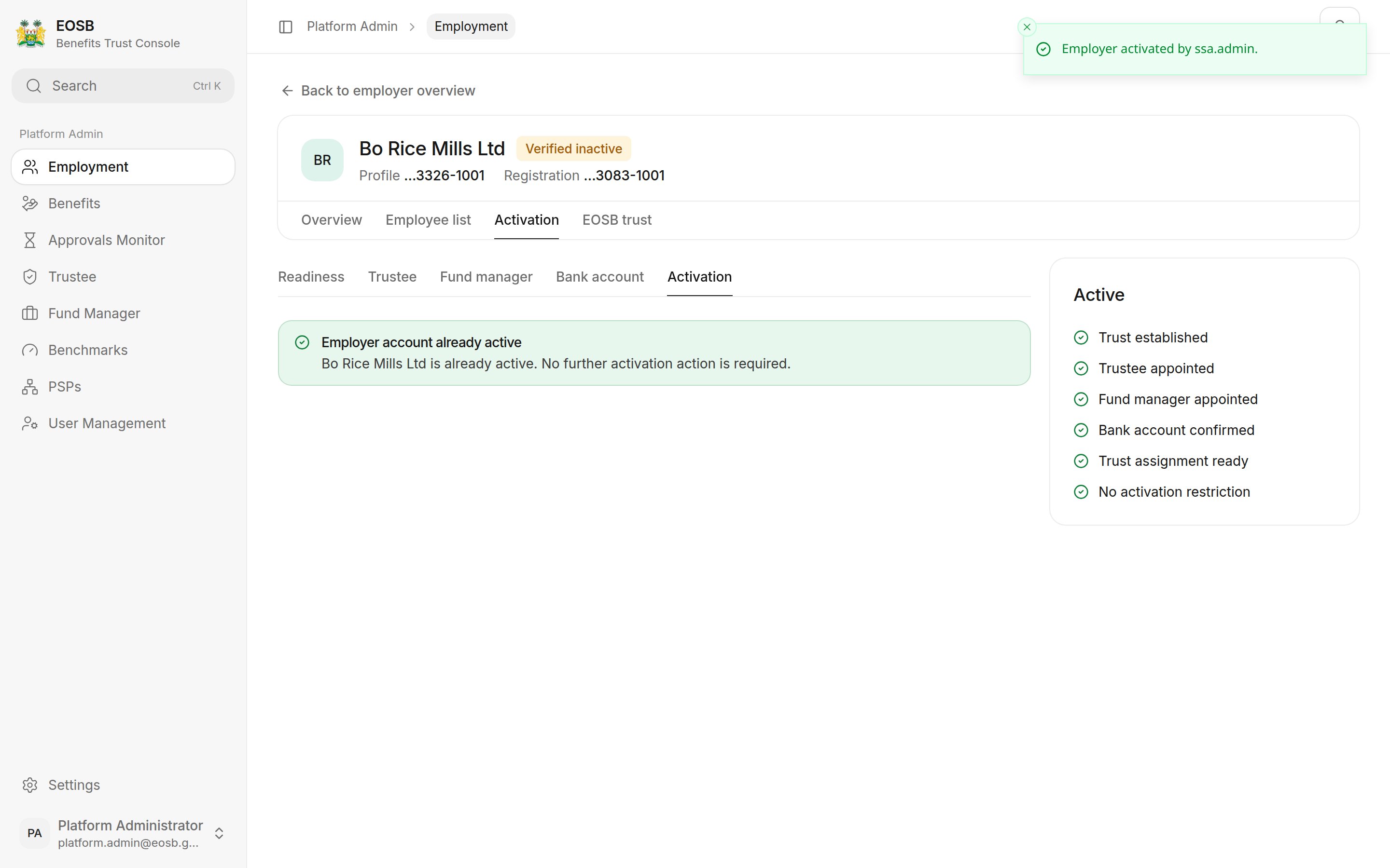 Employer account already active, with every readiness check ticked and the message Employer activated by ssa.admin