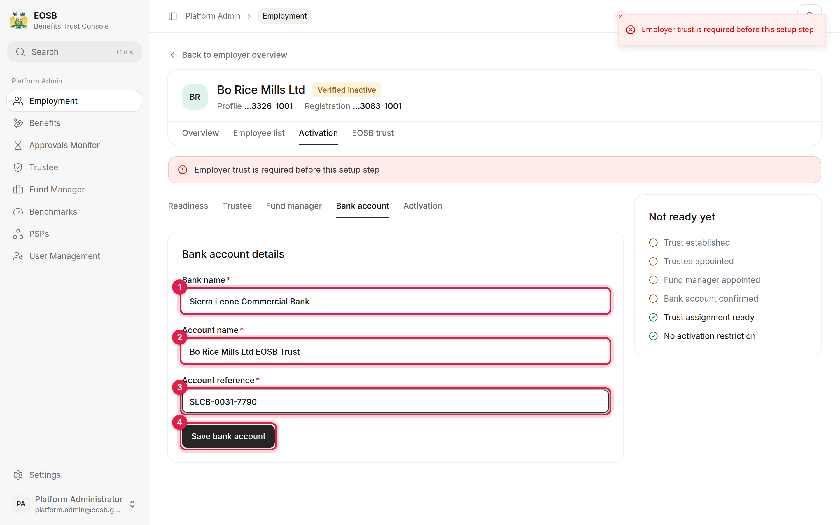 Bank account details with Bank name, Account name, Account reference and Save bank account marked 1 to 4