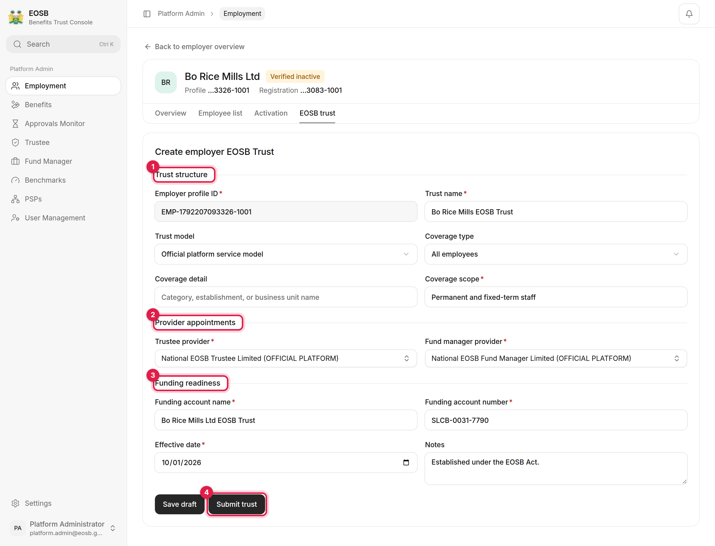 Create employer EOSB Trust form with Trust structure, Provider appointments, Funding readiness and Submit trust marked 1 to 4