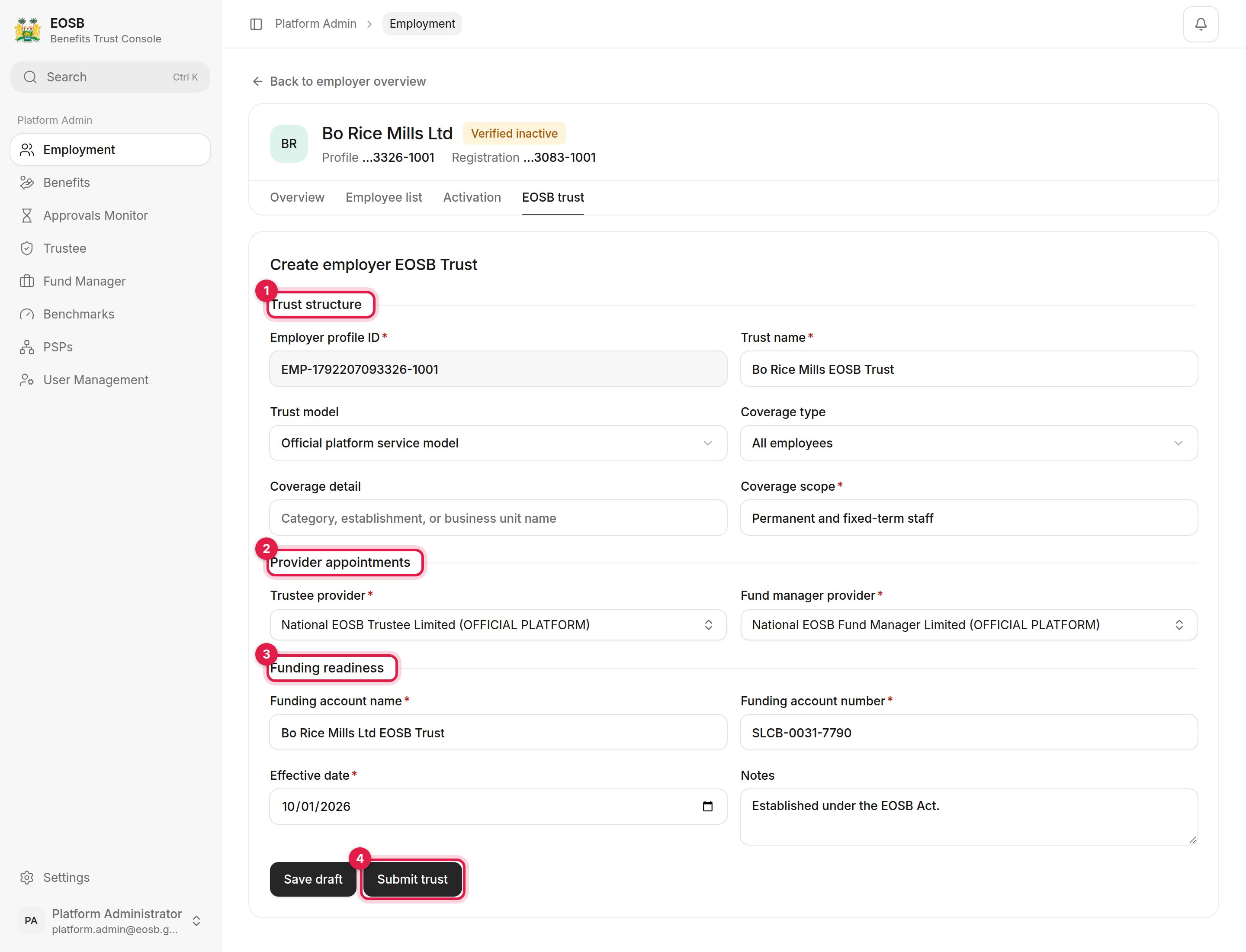 Create employer EOSB Trust form with Trust structure, Provider appointments, Funding readiness and Submit trust marked 1 to 4