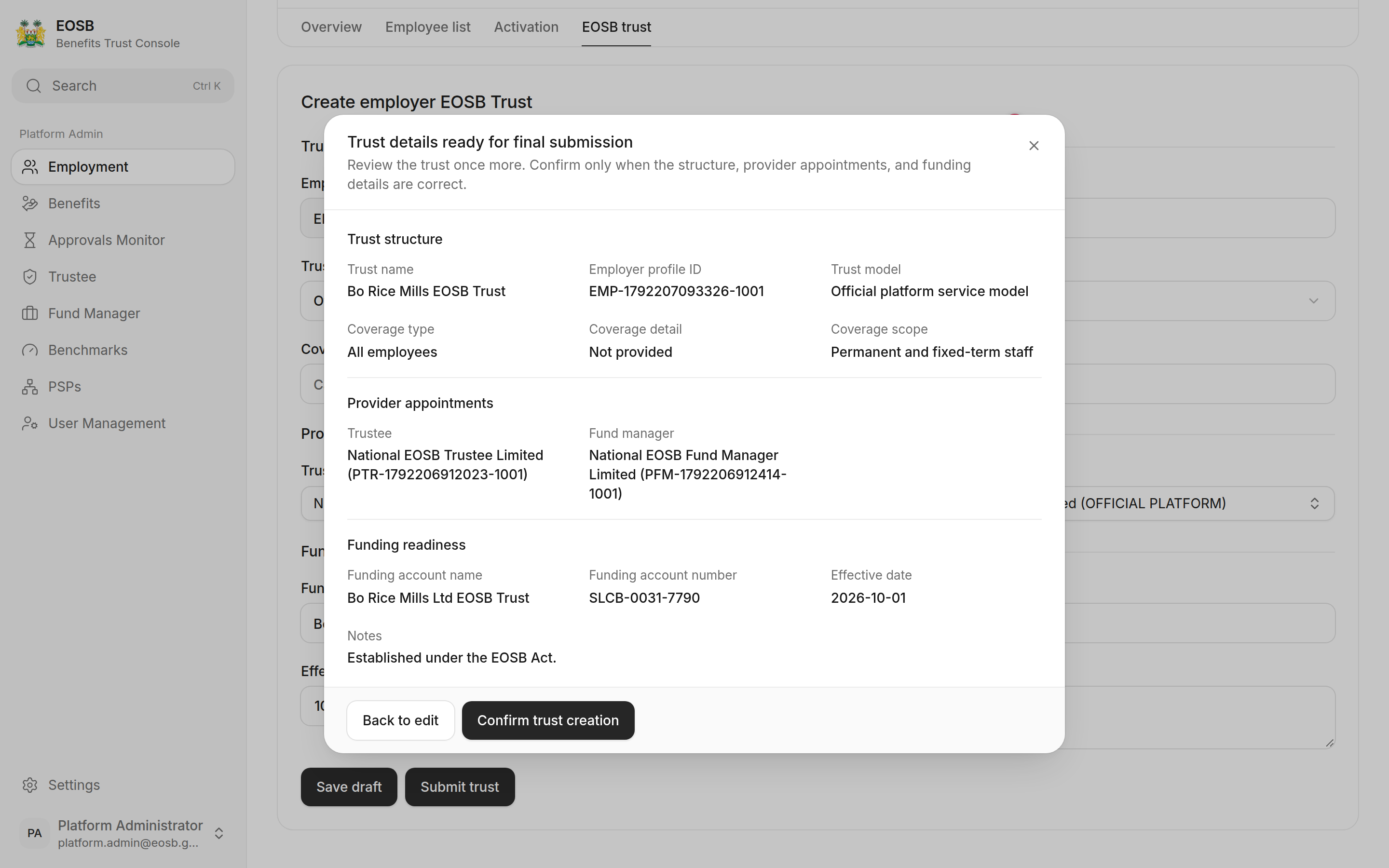 Trust details ready for final submission with Back to edit and Confirm trust creation marked 1 and 2