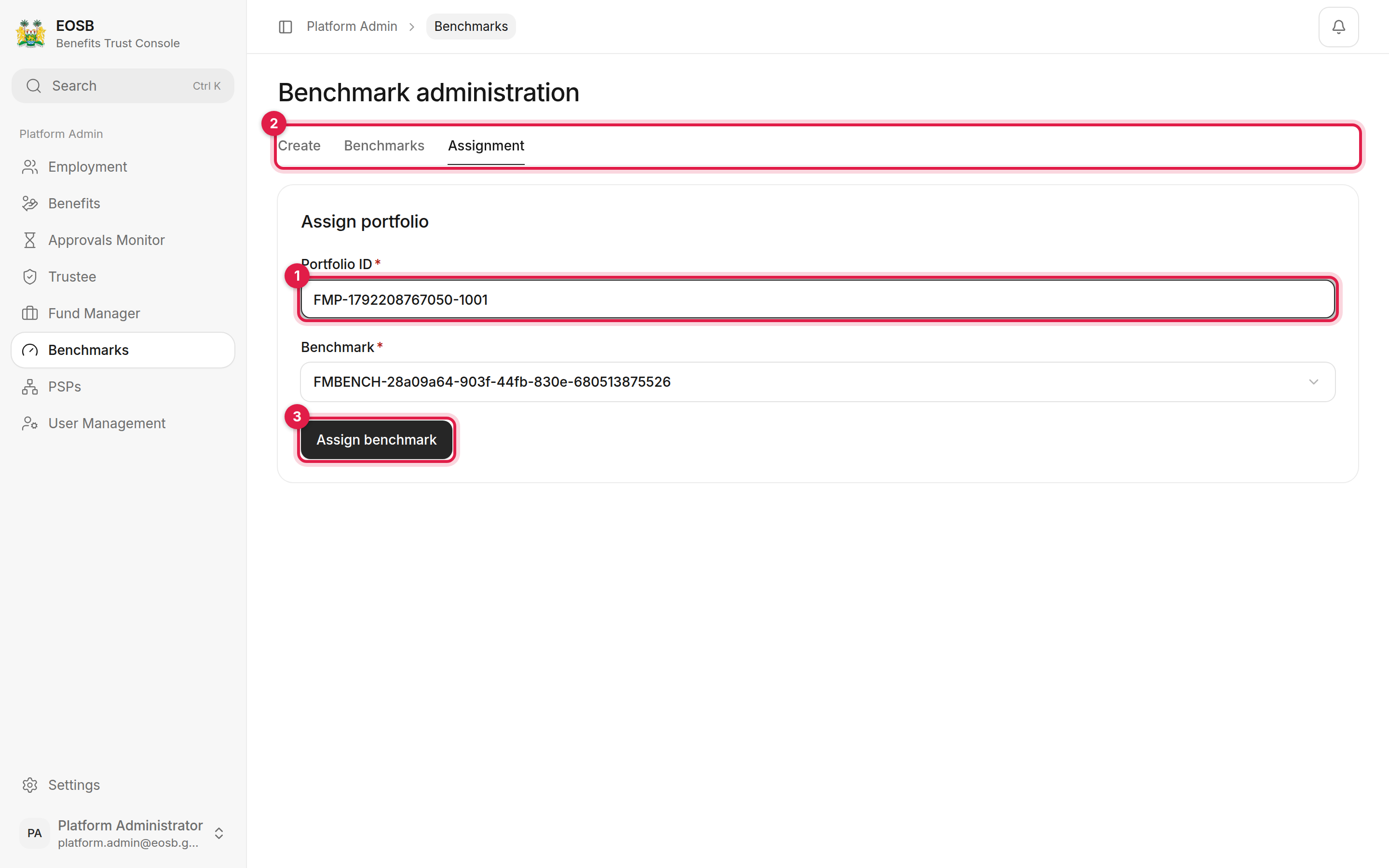 Assign portfolio with Portfolio ID, Benchmark and Assign benchmark marked 1 to 3