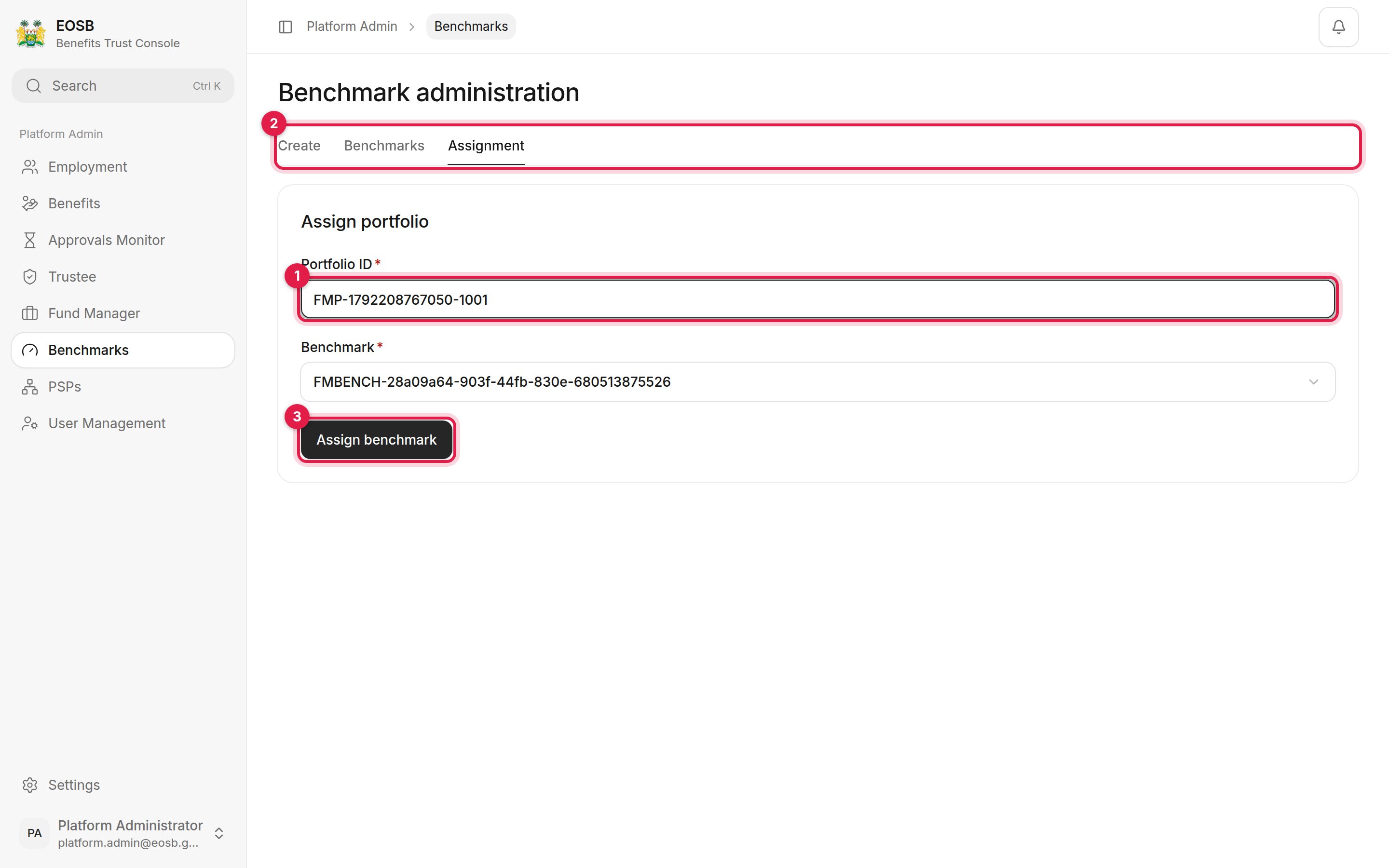 Assign portfolio with Portfolio ID, Benchmark and Assign benchmark marked 1 to 3