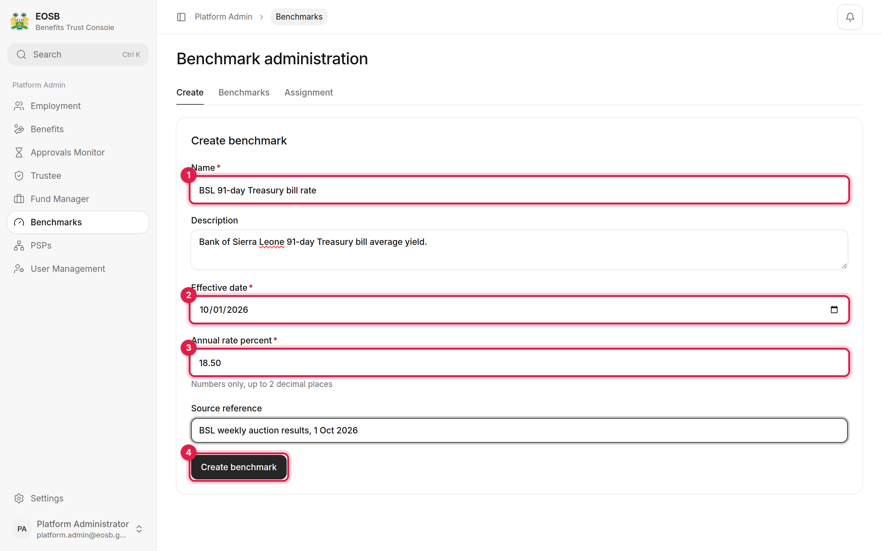 Create benchmark form with Name, Effective date, Annual rate percent and Create benchmark marked 1 to 4
