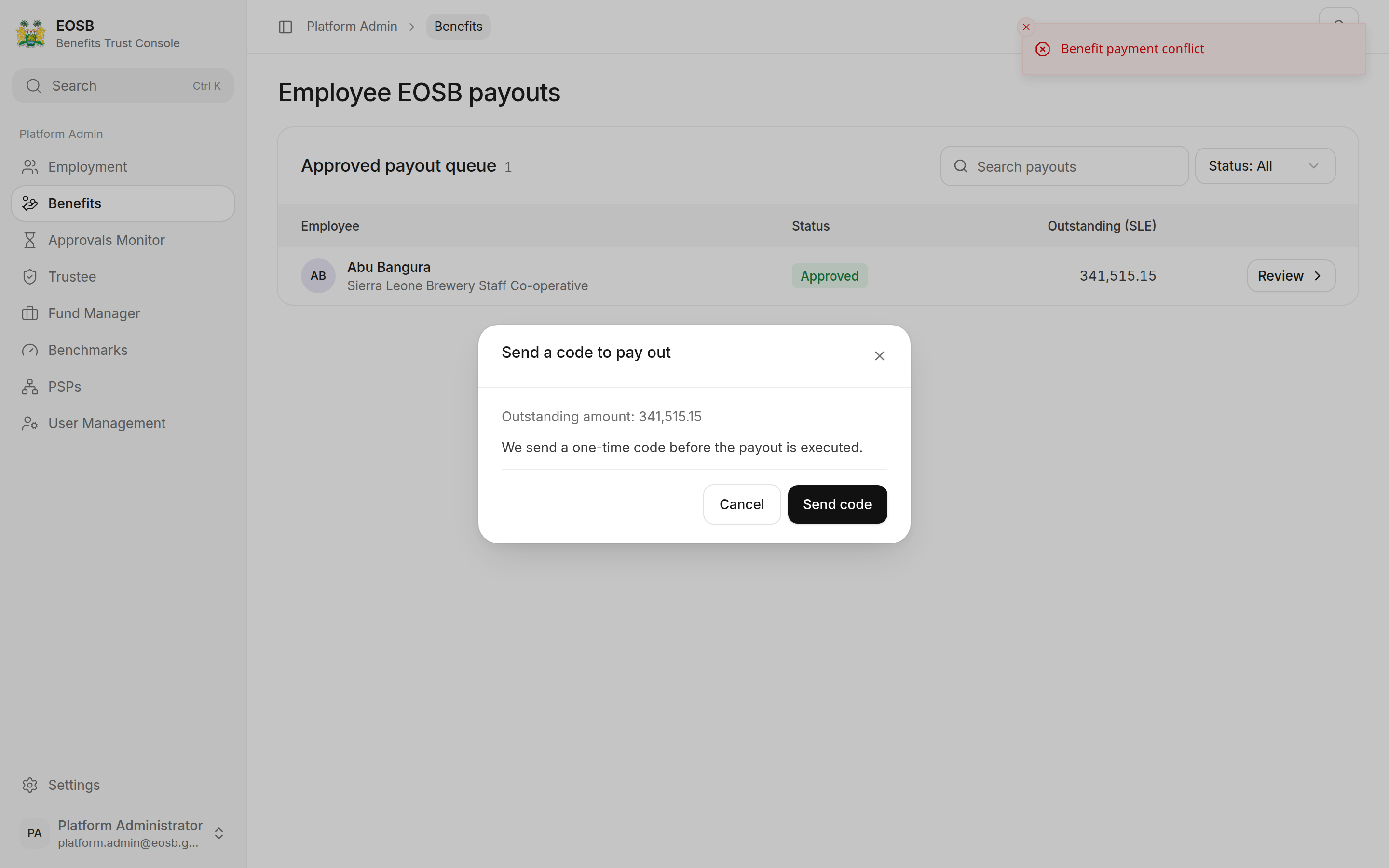 The message Benefit payment conflict after Send code