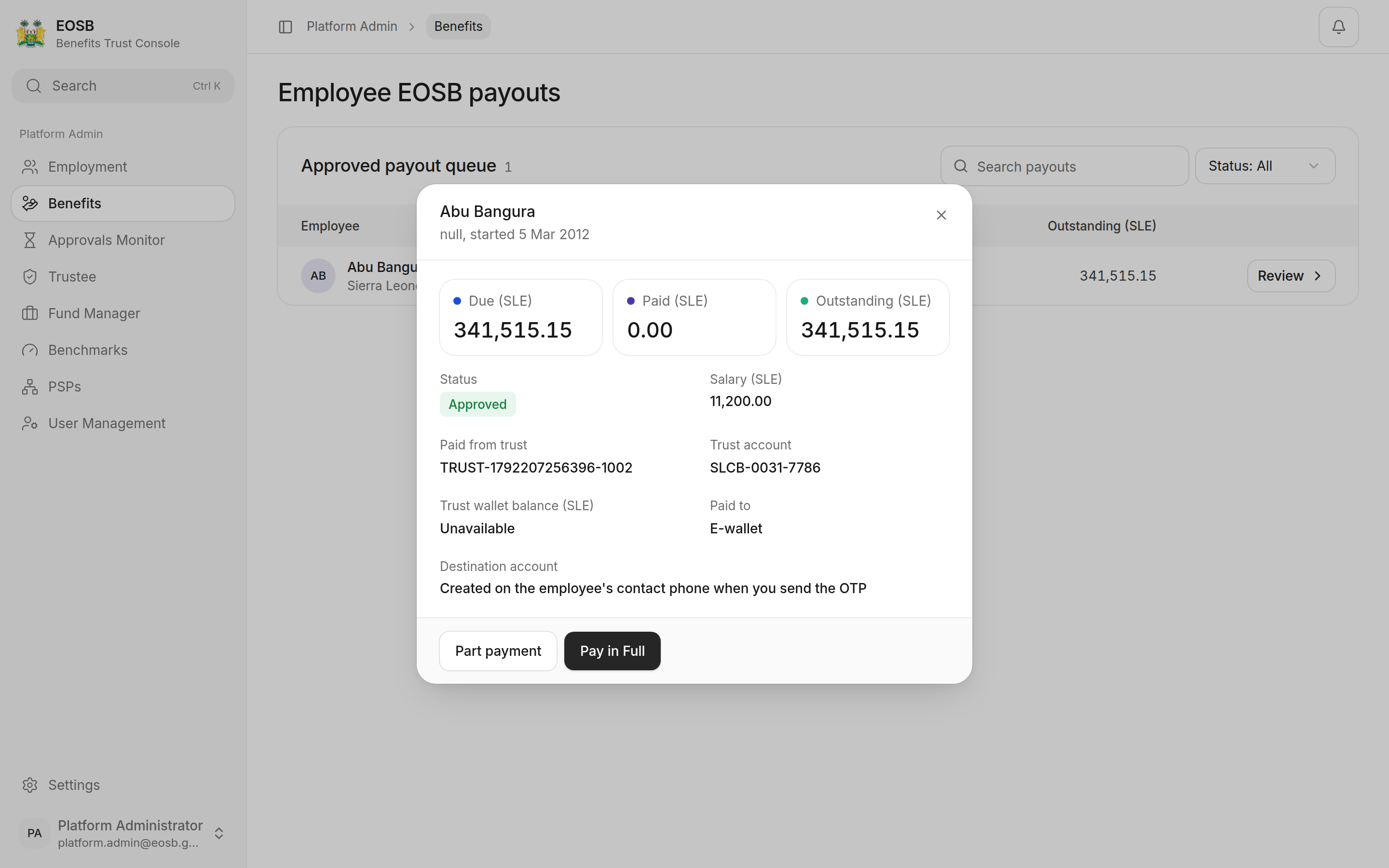 Abu Bangura payment: Due, Paid and Outstanding in SLE, status Approved, salary, trust, trust account, destination, with Part payment and Pay in Full marked 1 and 2