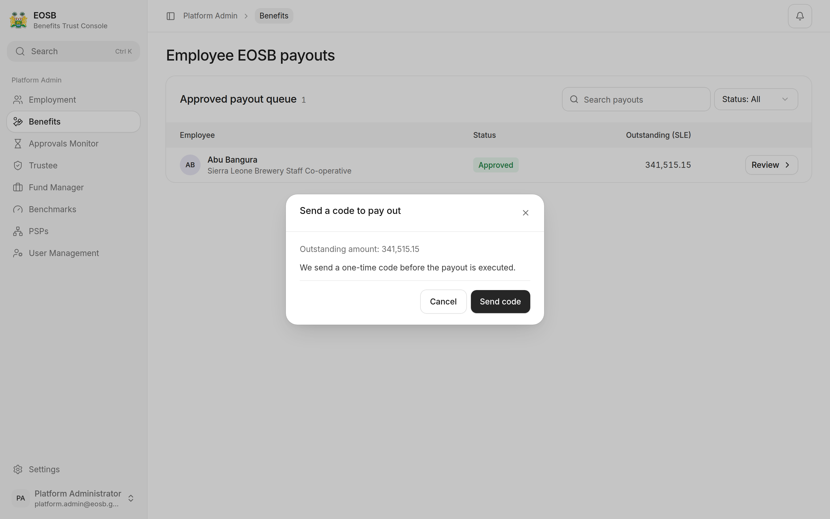 Send a code to pay out: outstanding amount 341,515.15, with Send code marked 1