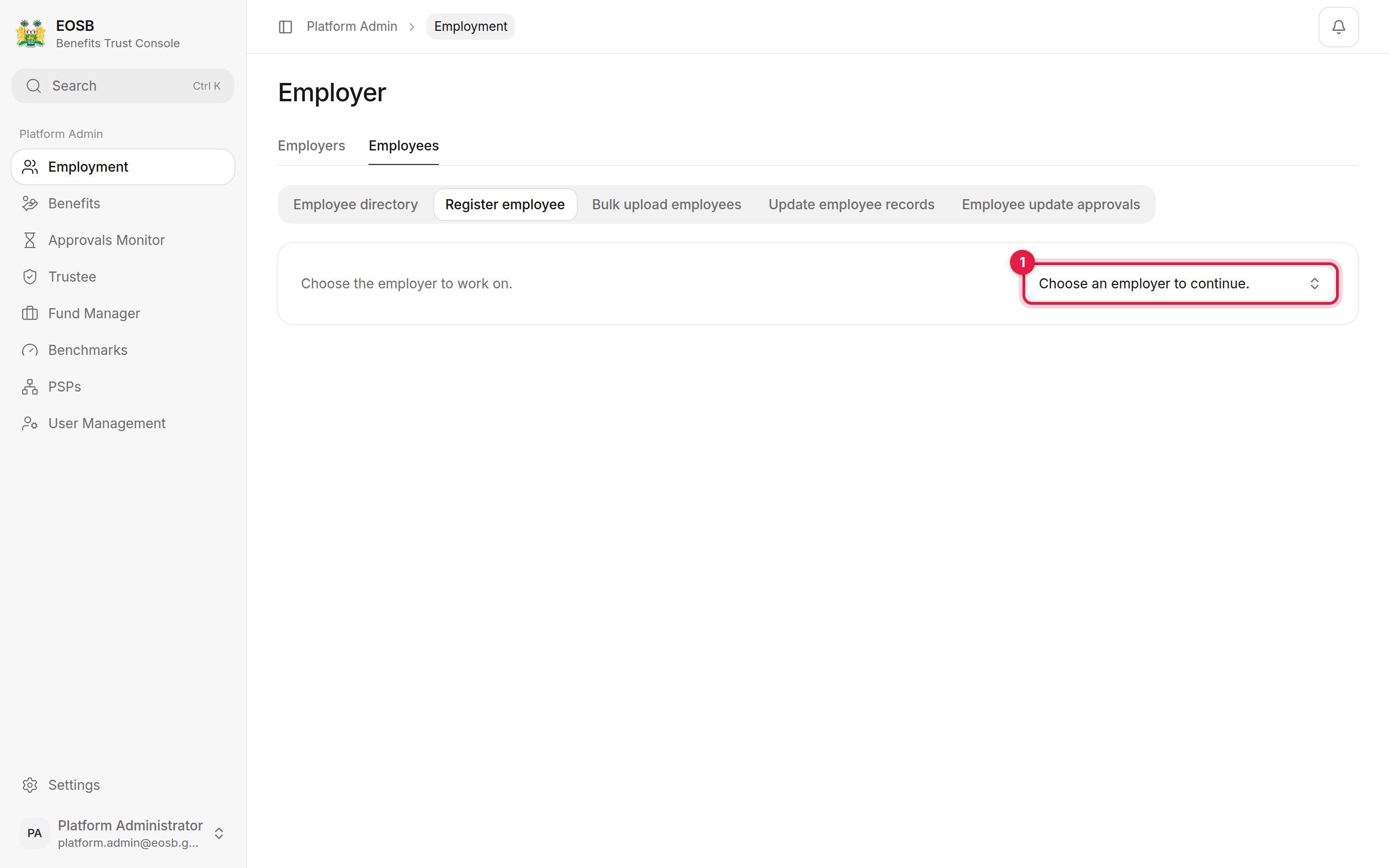 Register employee with Choose the employer to work on and the employer picker marked 1