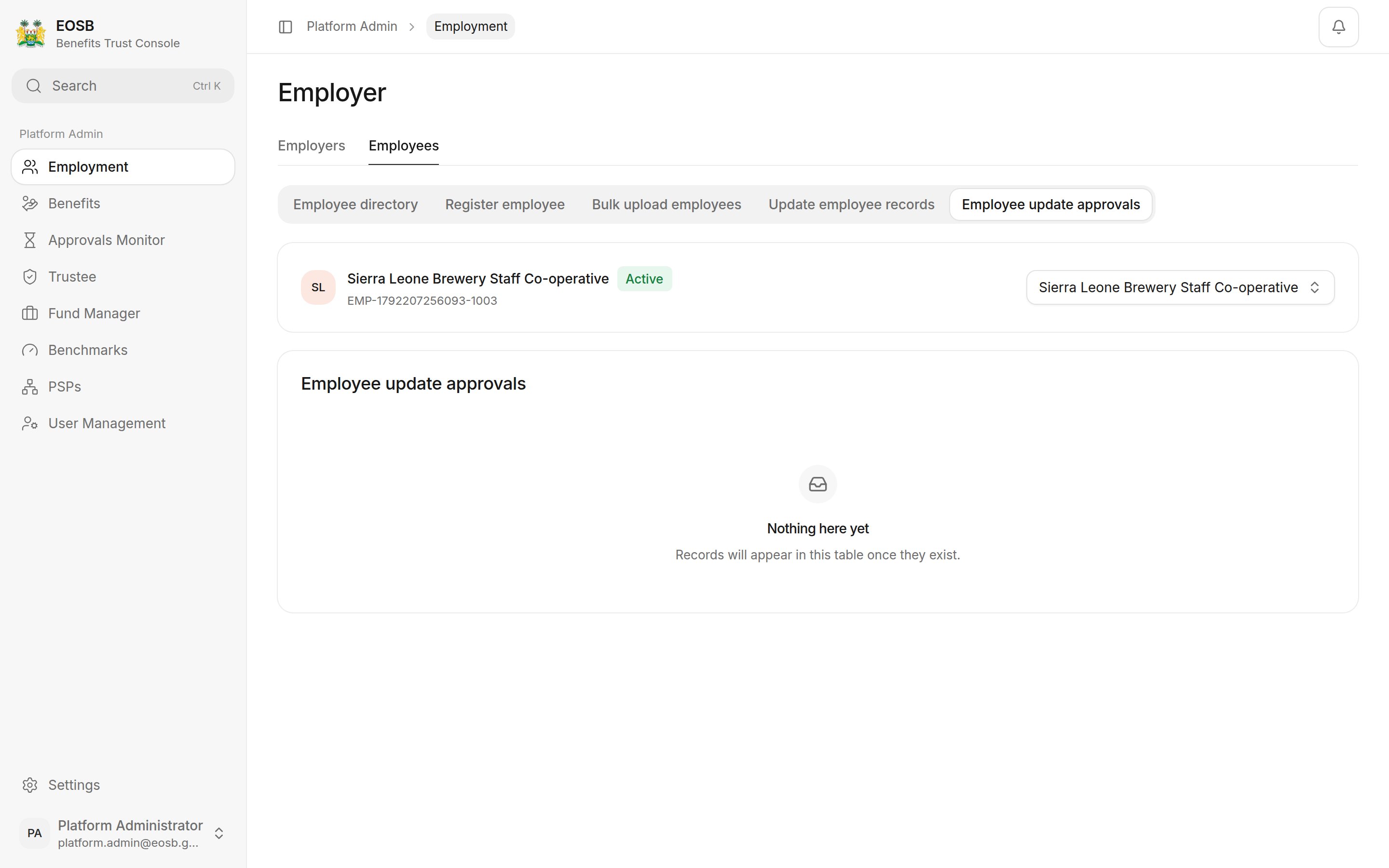 Employee update approvals for Sierra Leone Brewery Staff Co-operative, showing Nothing here yet