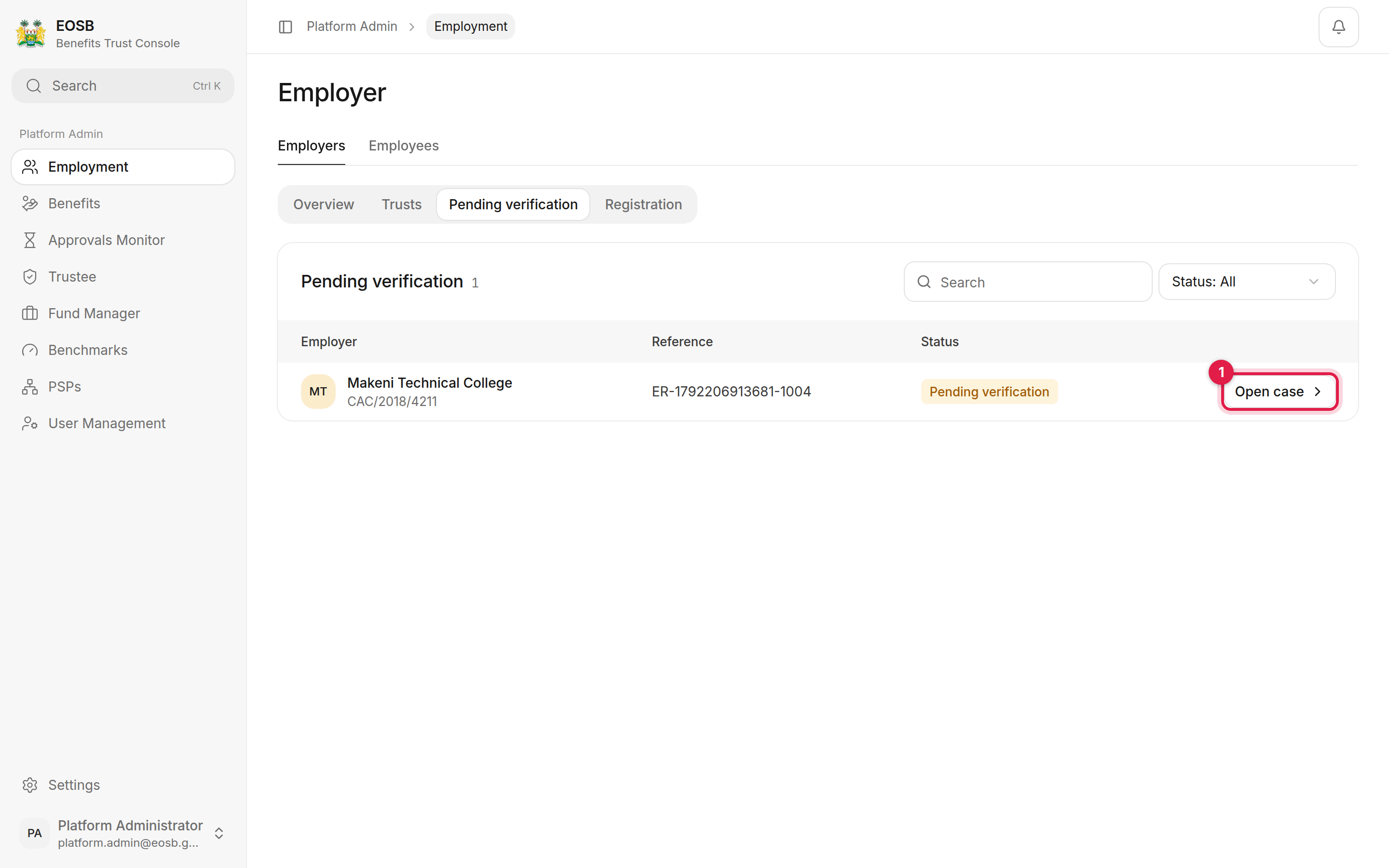 Pending verification list with Open case marked 1
