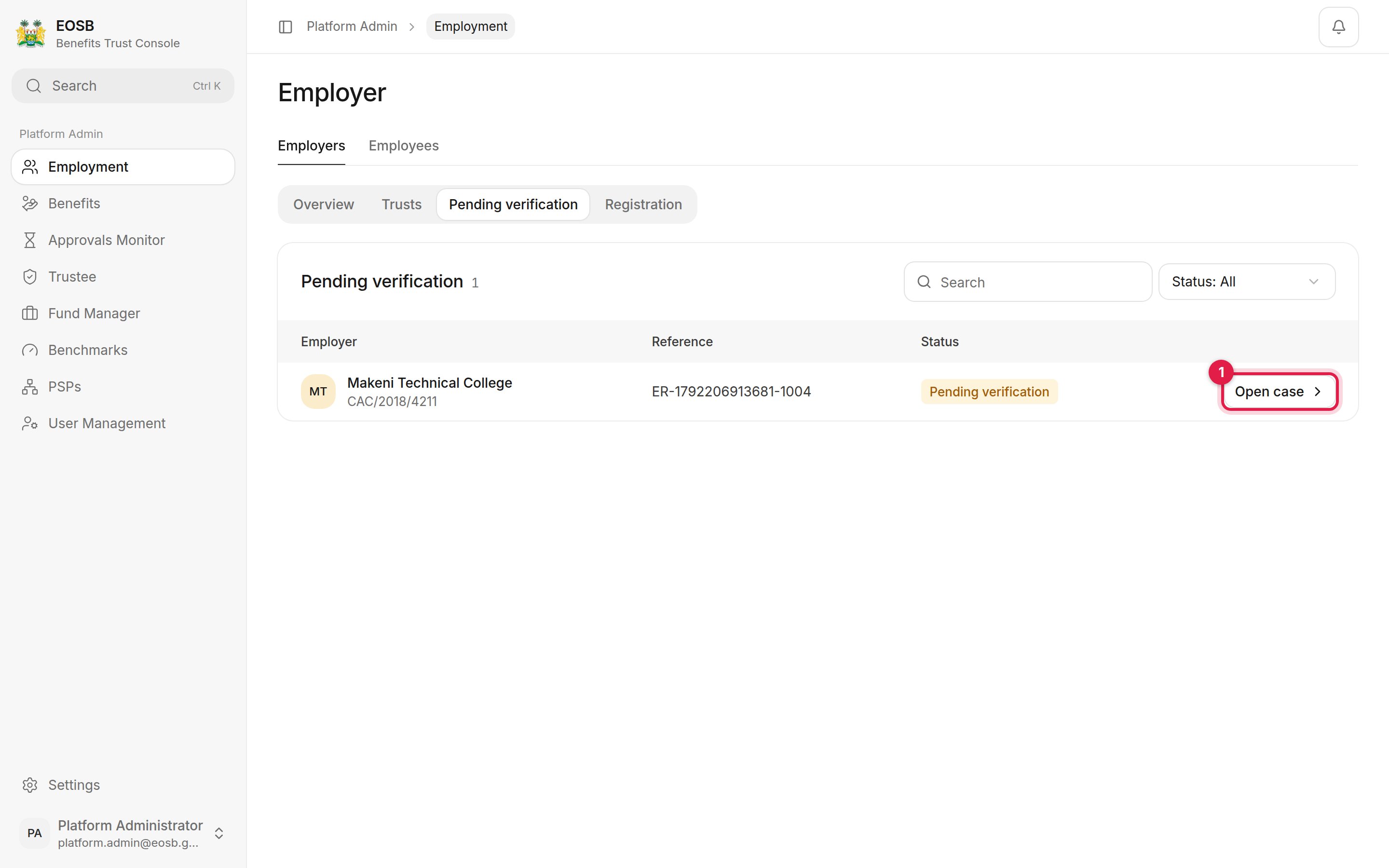 Pending verification list with Open case marked 1