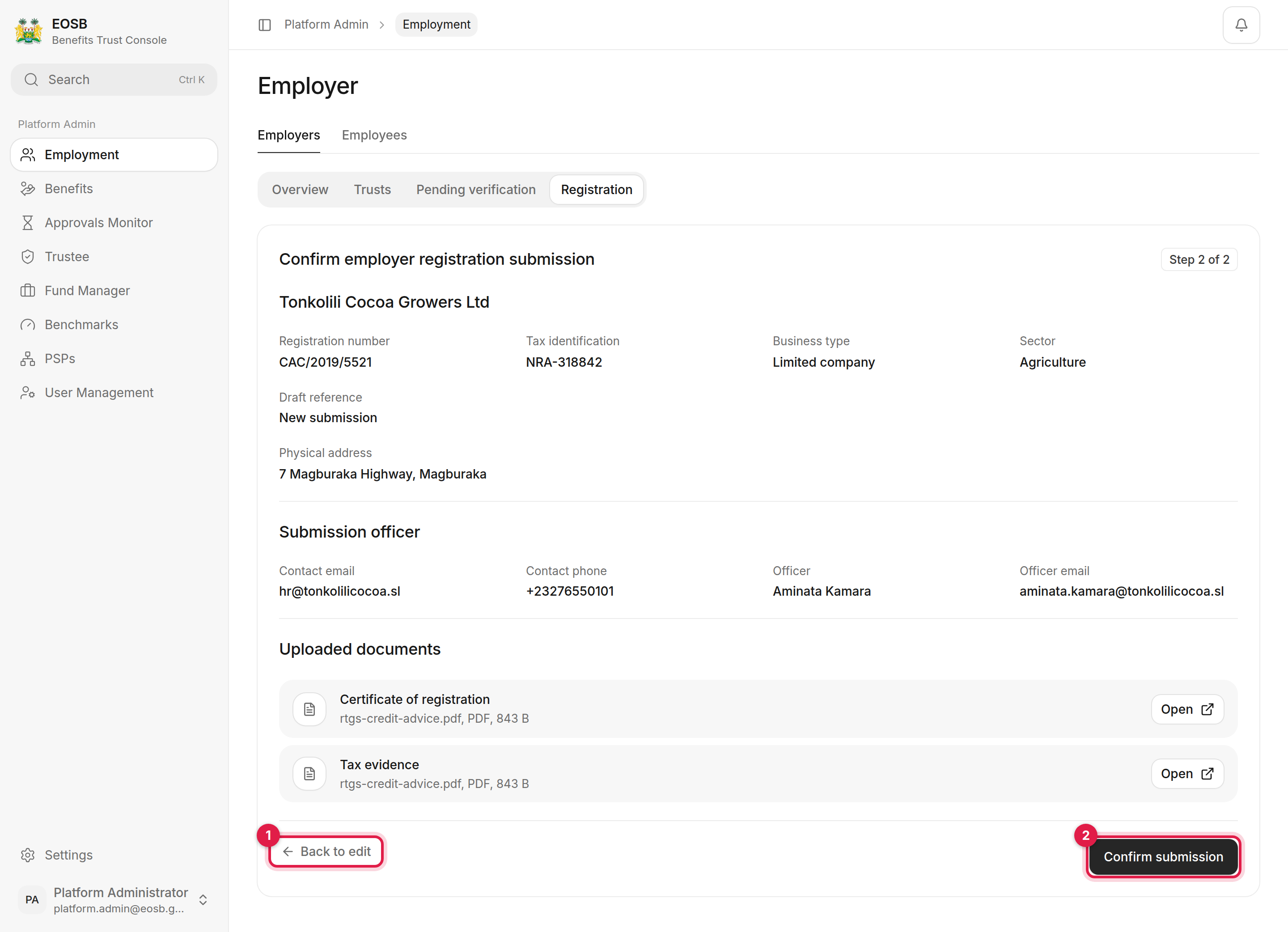 Confirm employer registration submission showing the company, submission officer and uploaded documents, with Back to edit and Confirm submission marked 1 and 2