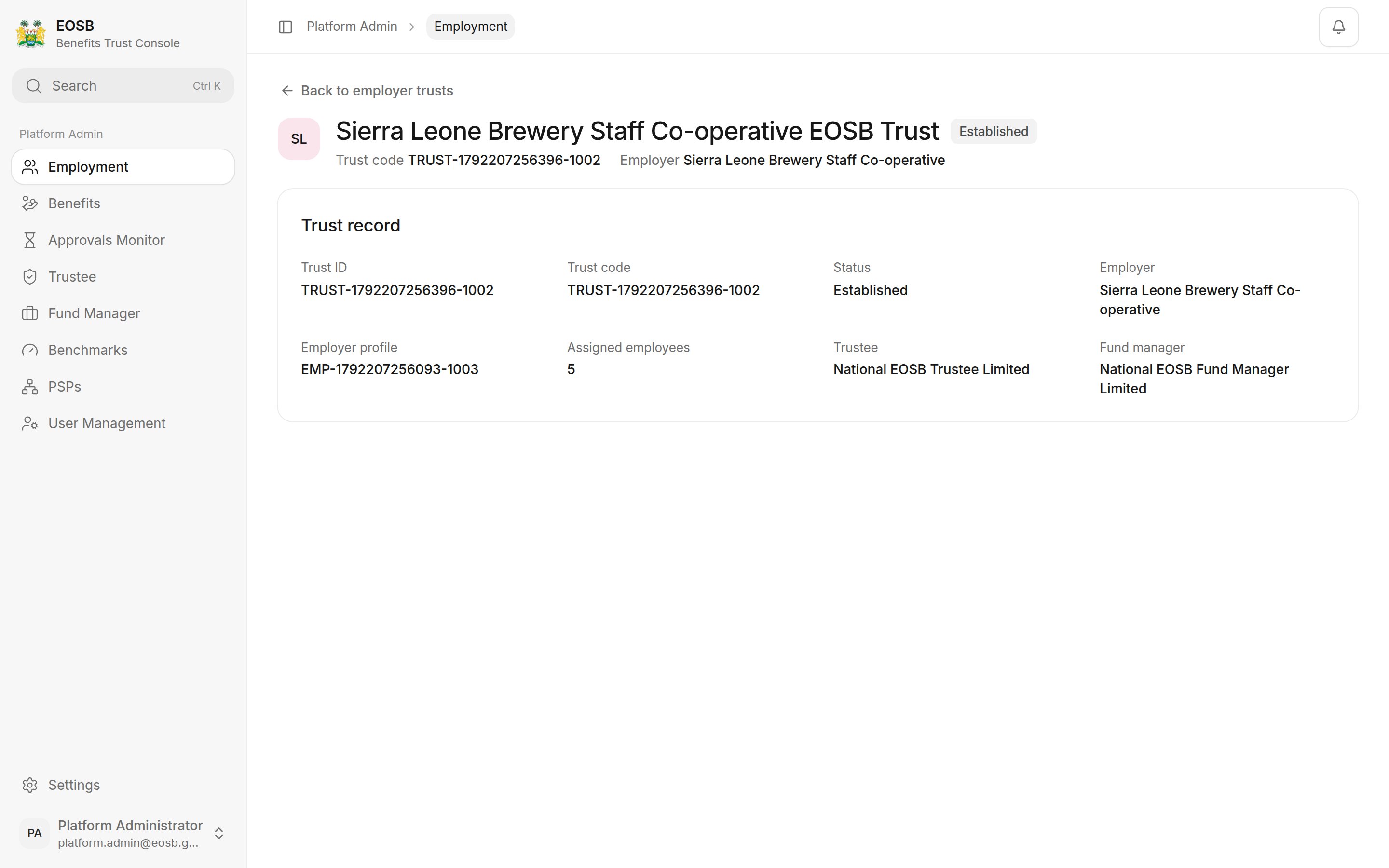 Sierra Leone Brewery Staff Co-operative EOSB Trust record: trust ID, status Established, employer, 5 assigned employees, trustee and fund manager