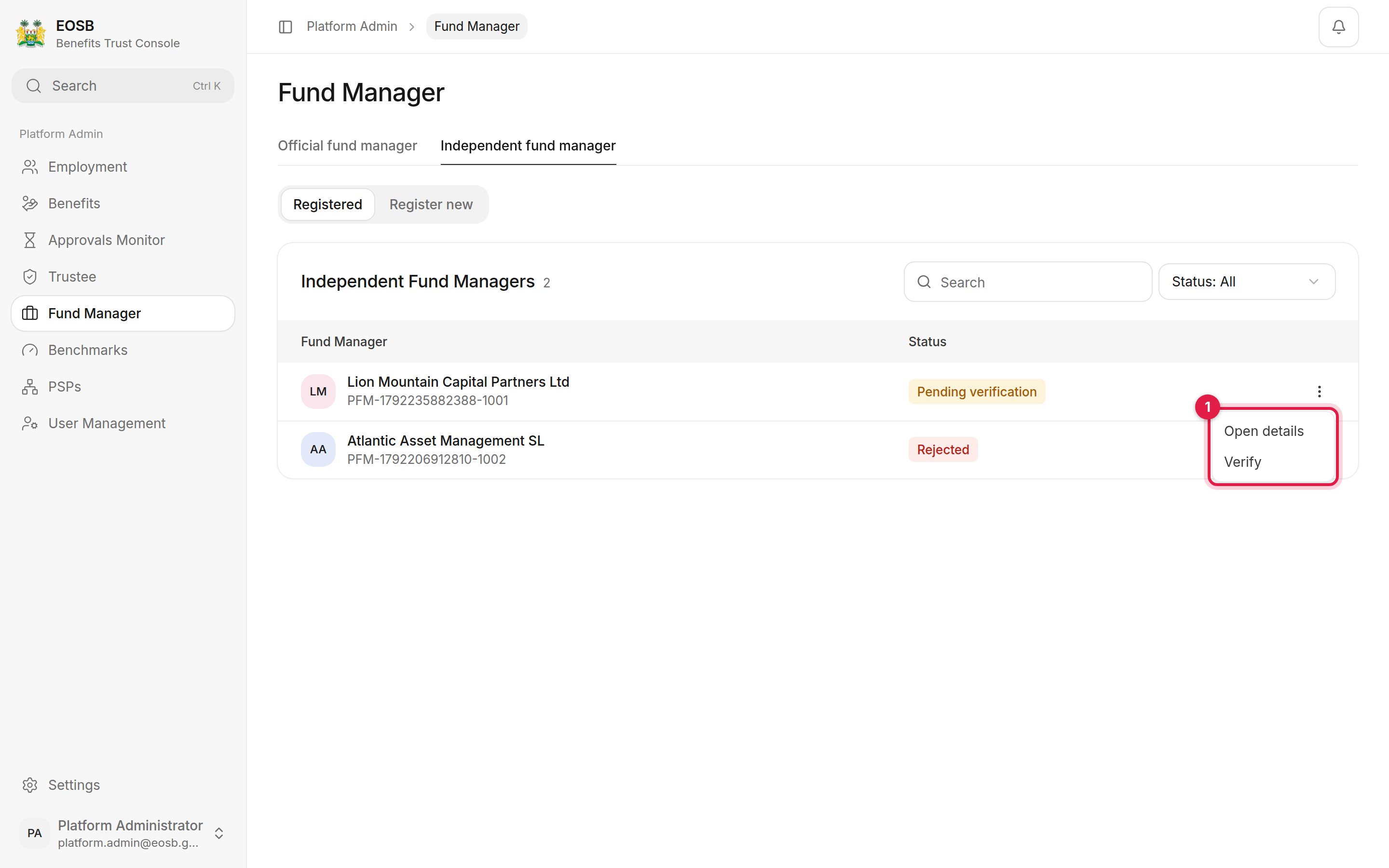 Independent Fund Managers list: Lion Mountain Capital Partners Ltd Pending verification with its menu open showing Open details and Verify, marked 1
