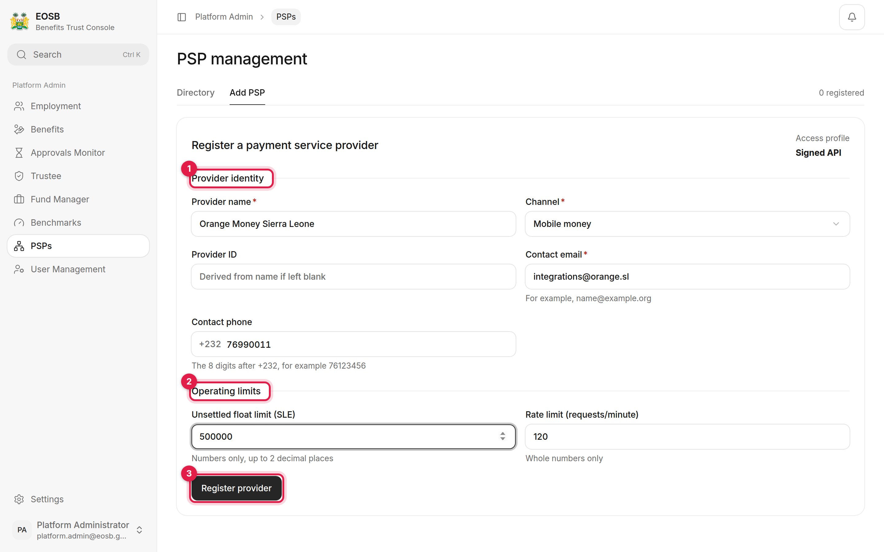 Register a payment service provider with Provider identity, Operating limits and Register provider marked 1 to 3