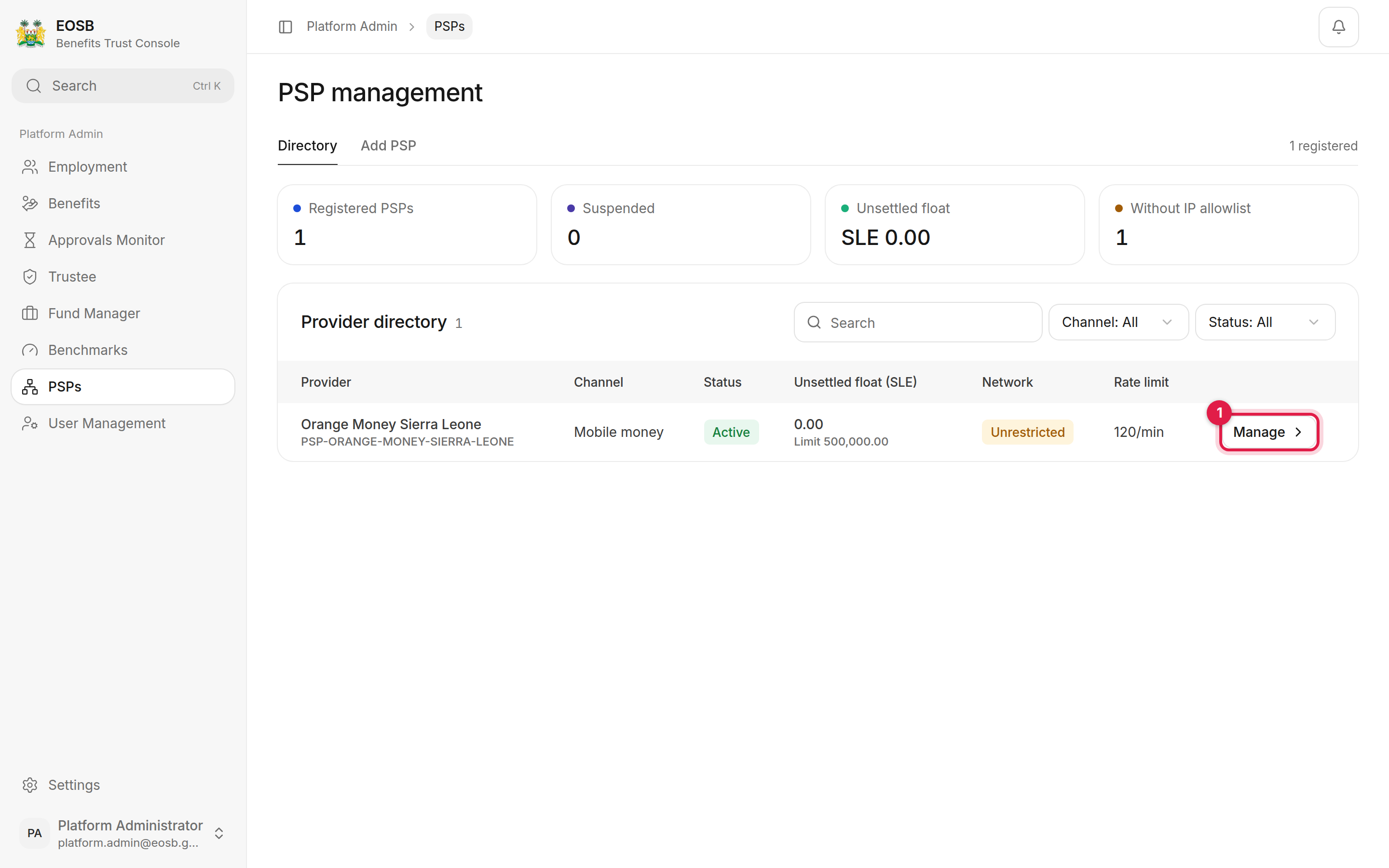 PSP management directory with Manage marked 1