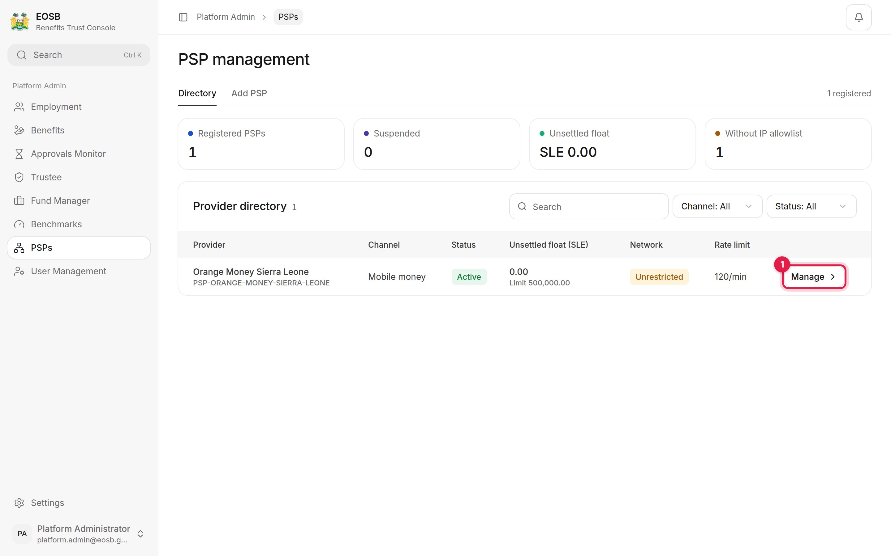 PSP management directory with Manage marked 1