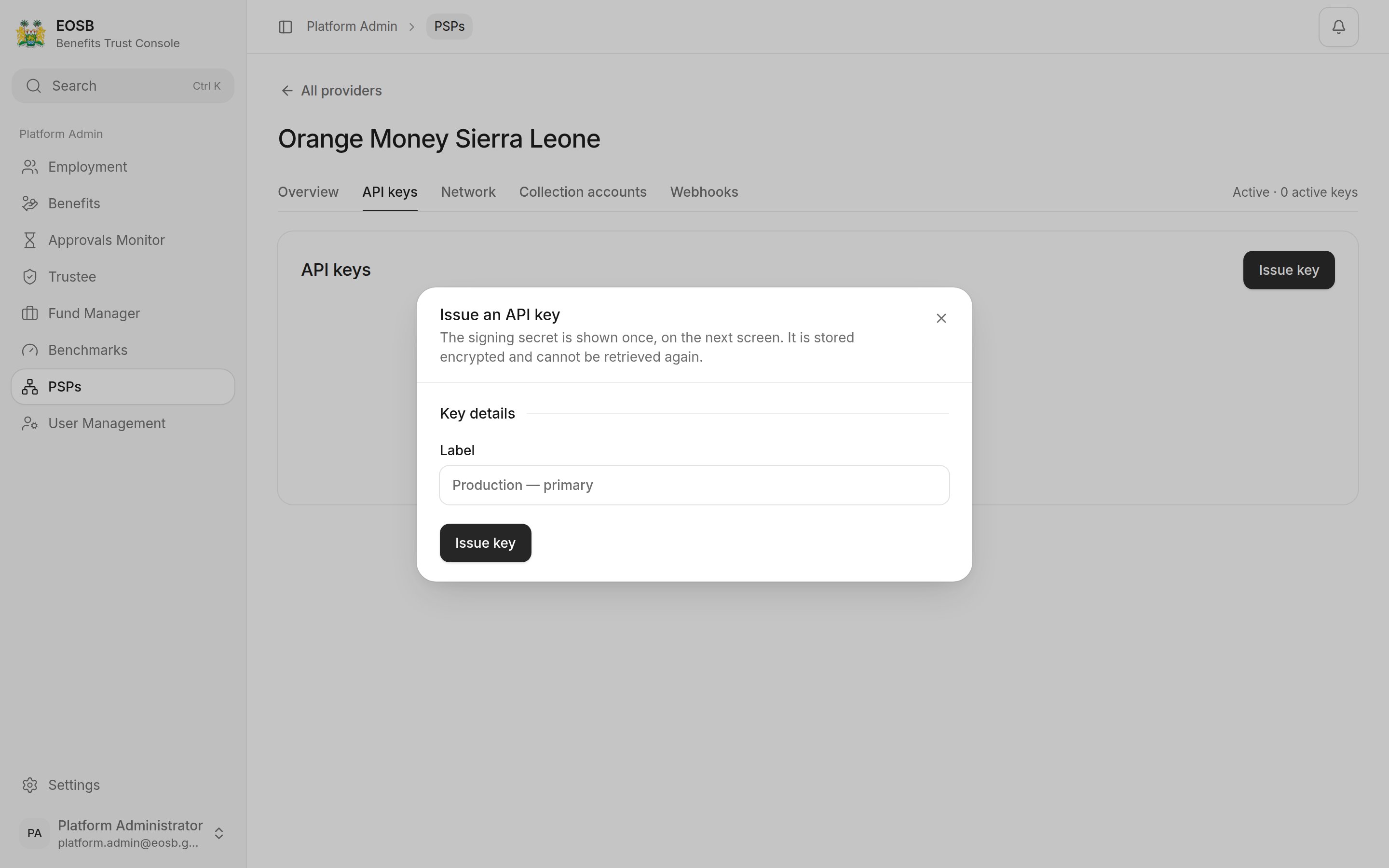 Issue an API key dialog with a Label field and Issue key button