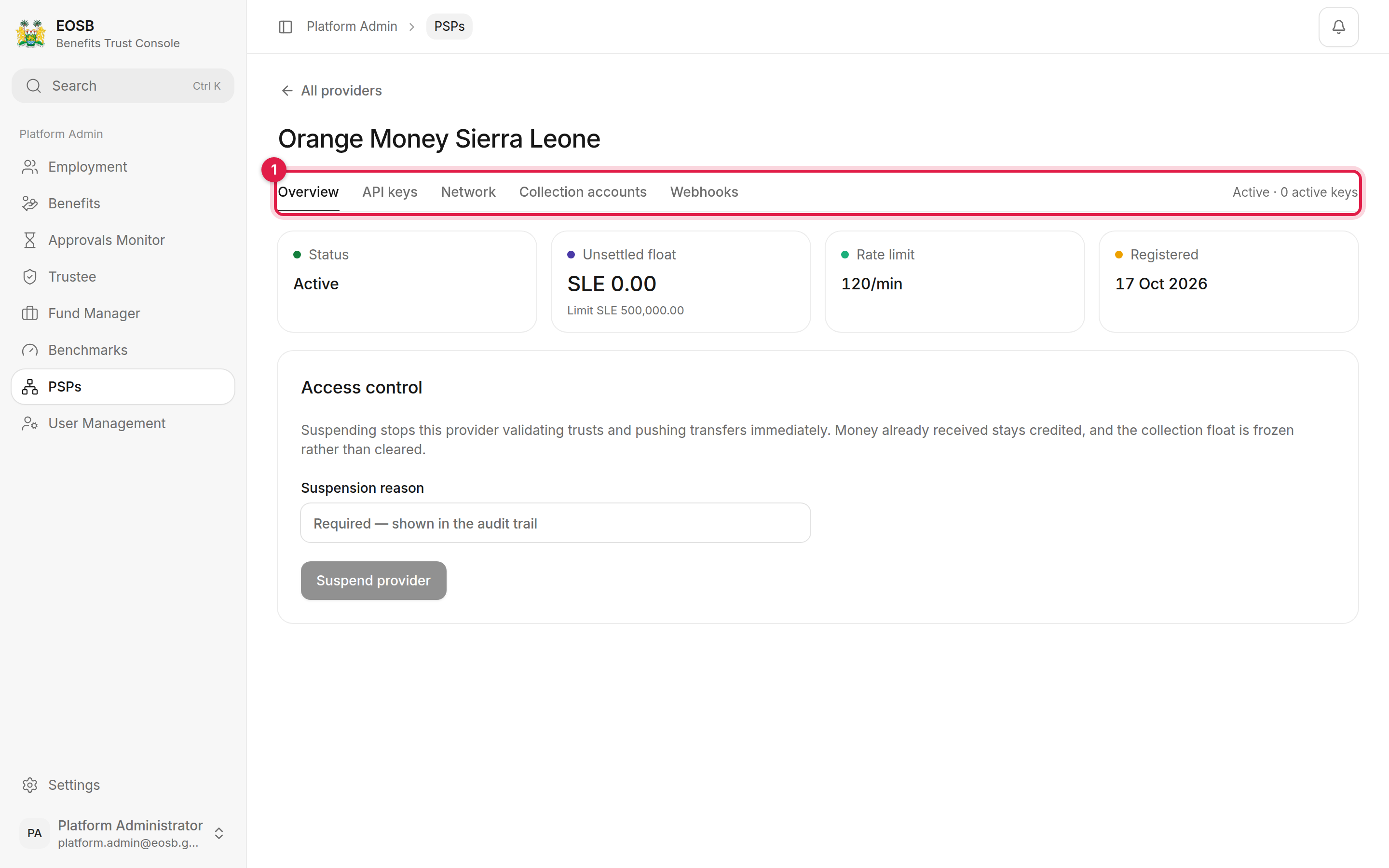 Orange Money Sierra Leone overview with the provider tabs marked 1, status, unsettled float, rate limit and access control