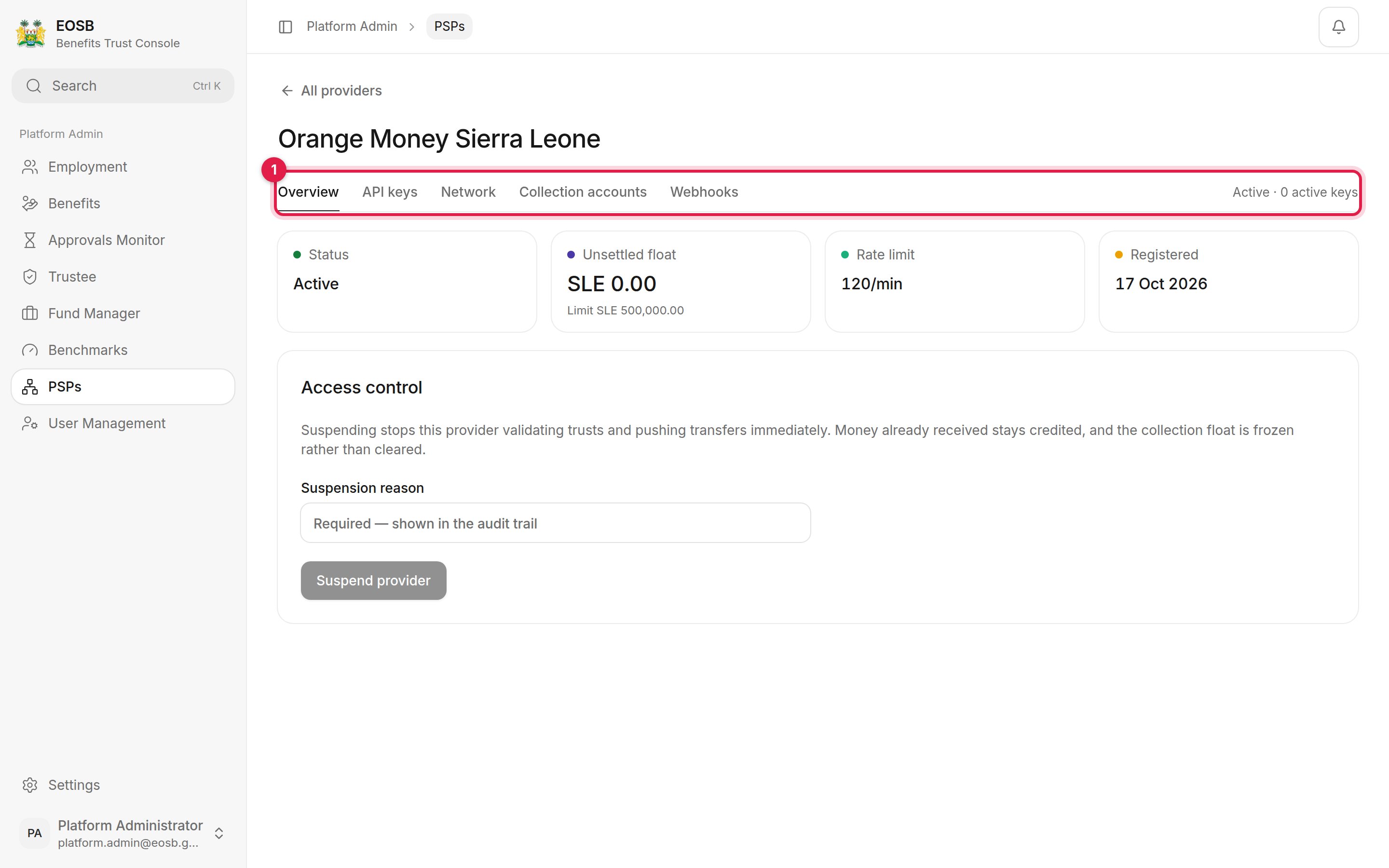 Orange Money Sierra Leone overview with the provider tabs marked 1, status, unsettled float, rate limit and access control