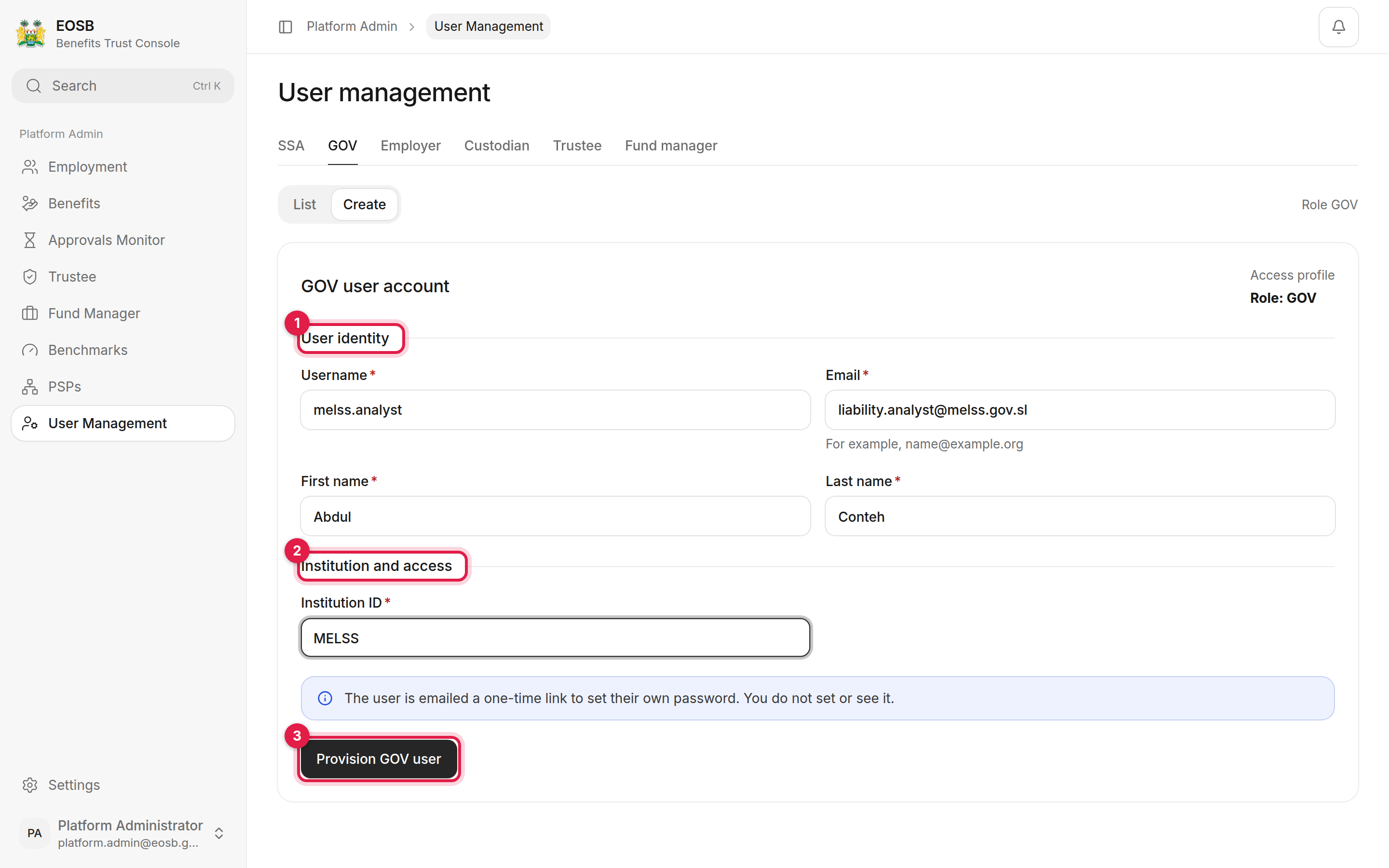 GOV user account form with User identity, Institution and access and Provision GOV user marked 1 to 3