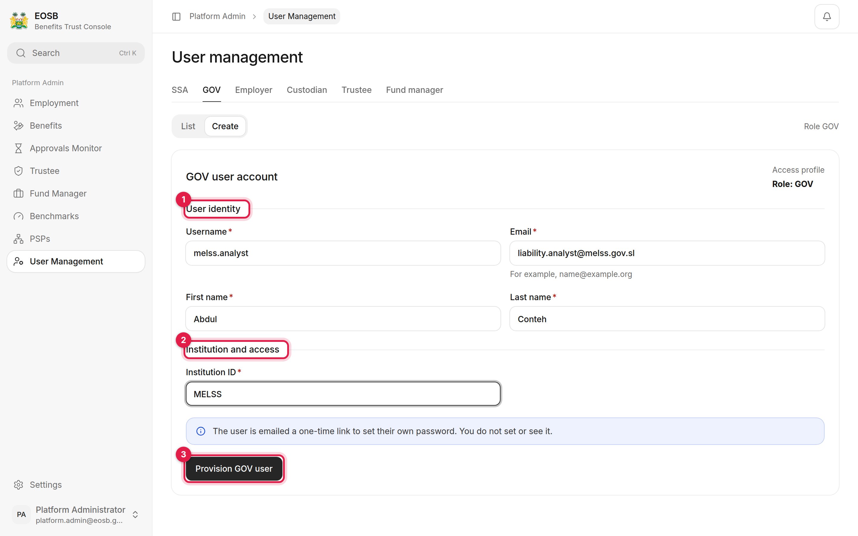 GOV user account form with User identity, Institution and access and Provision GOV user marked 1 to 3