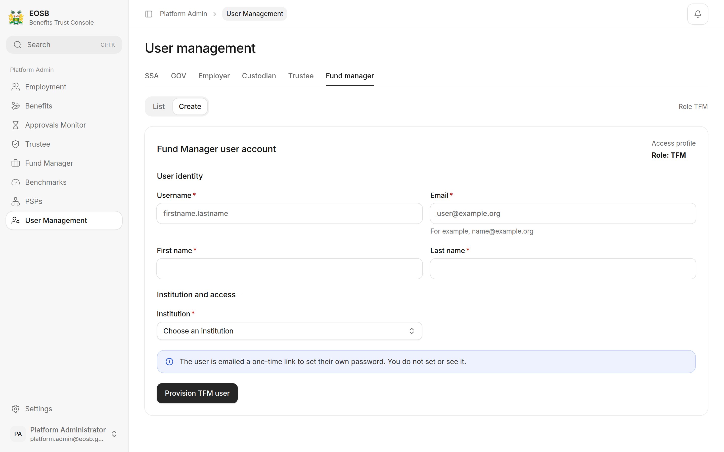 Fund Manager user account form with an Institution picker