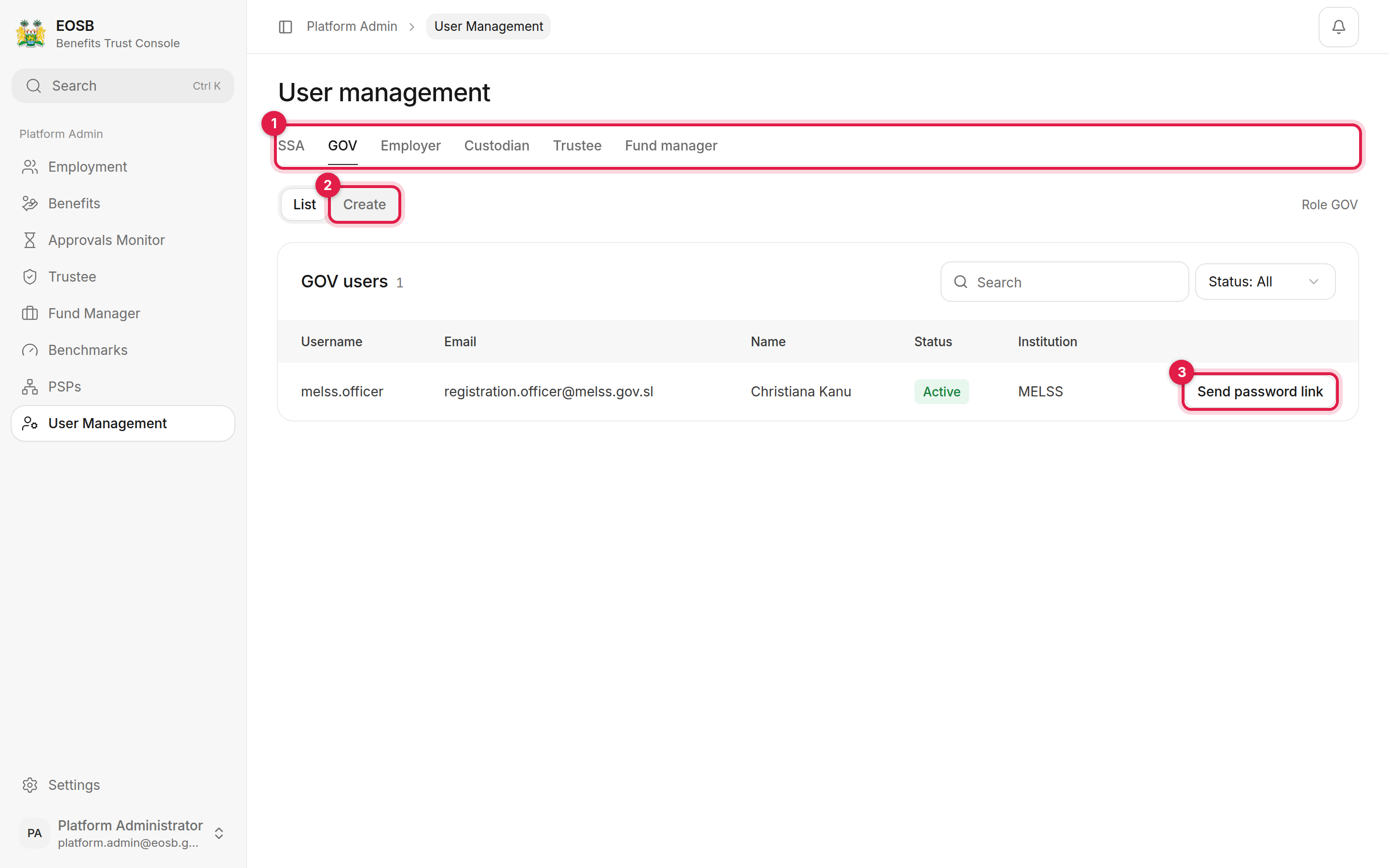 User management with the role tabs, Create and Send password link marked 1 to 3